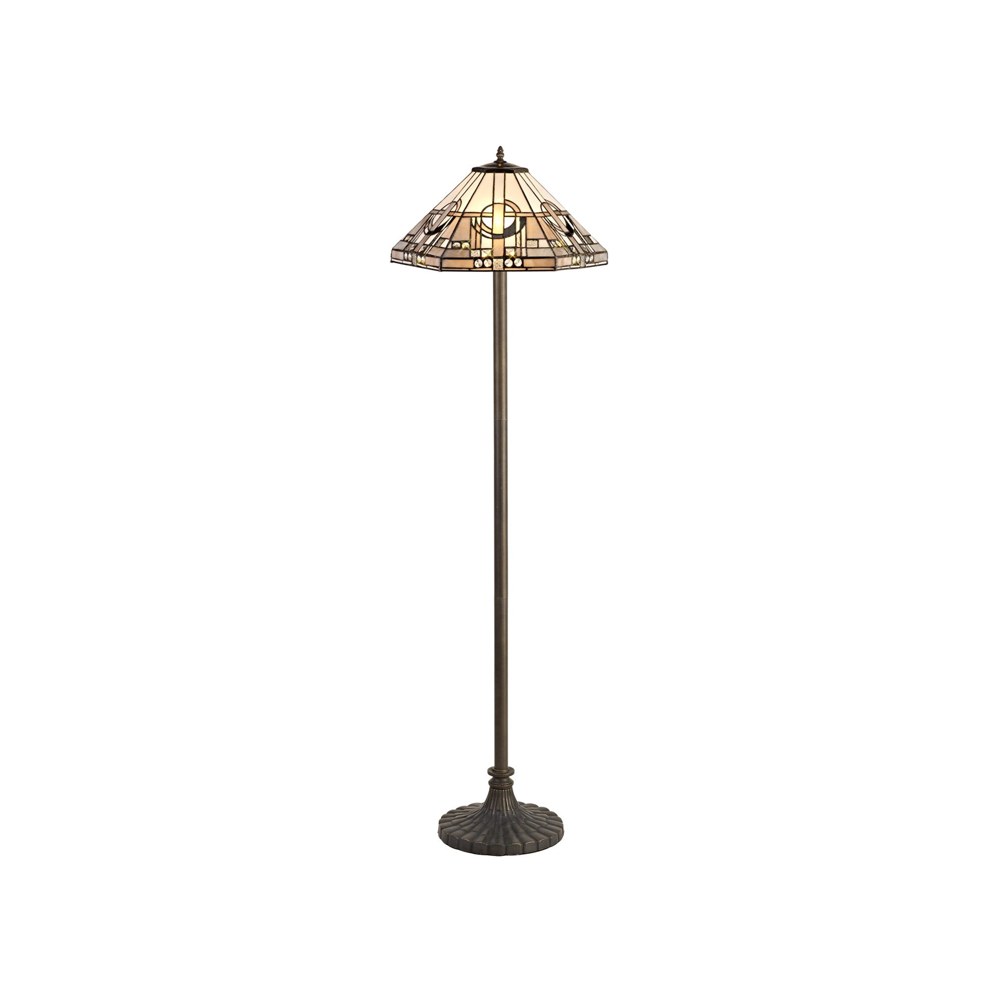 Atek 2 light tiffany floor lamp, white/grey/black/clear crystal/aged antique brass