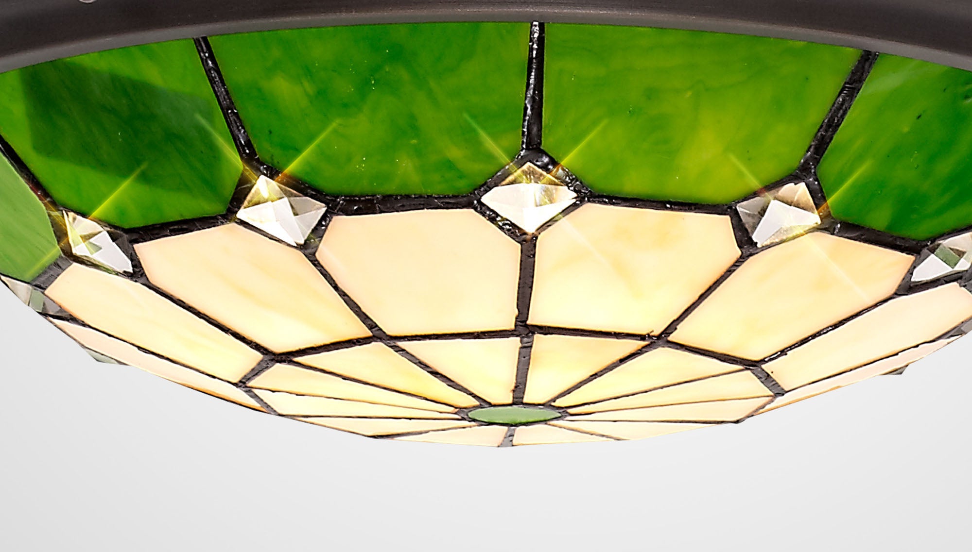 Austiffany, Tiffany 35cm Non-Electric Uplighter Shade, Crealm/Green/Clear Crystal Centre/Aged Antique Brass Trim