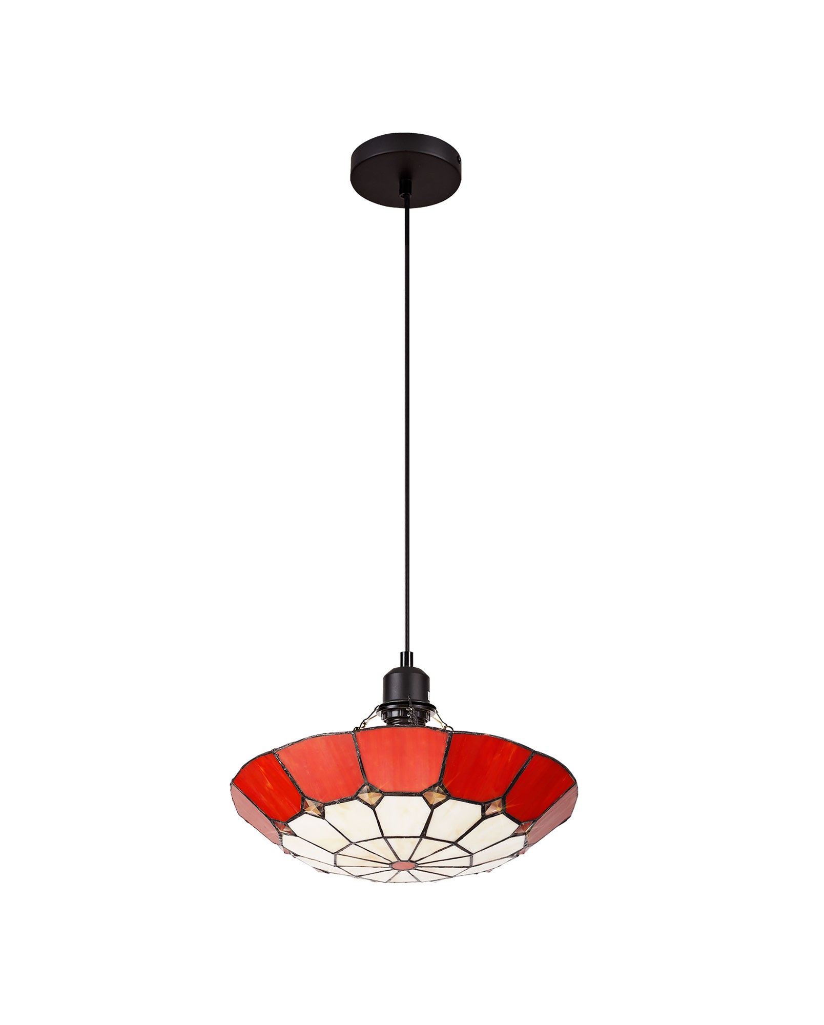 Austiffany 1 Light Pendant E27 With 35cm Tiffany Shade,  Cream/Red/Clear Crystal Centre/Aged Antique Brass Trim/Black
