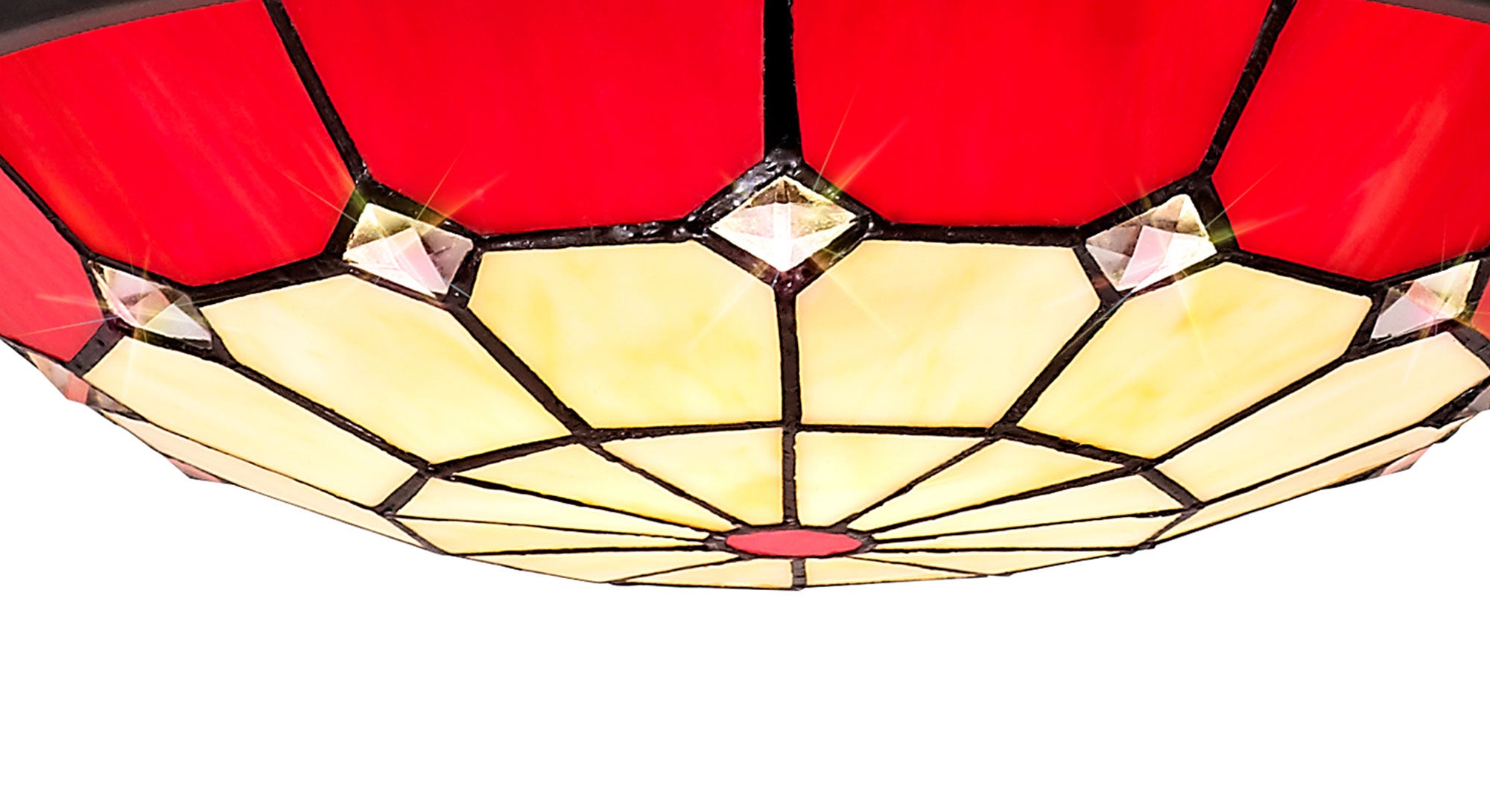 Austiffany 1 Light Pendant E27 With 35cm Tiffany Shade,  Cream/Red/Clear Crystal Centre/Aged Antique Brass Trim/Black