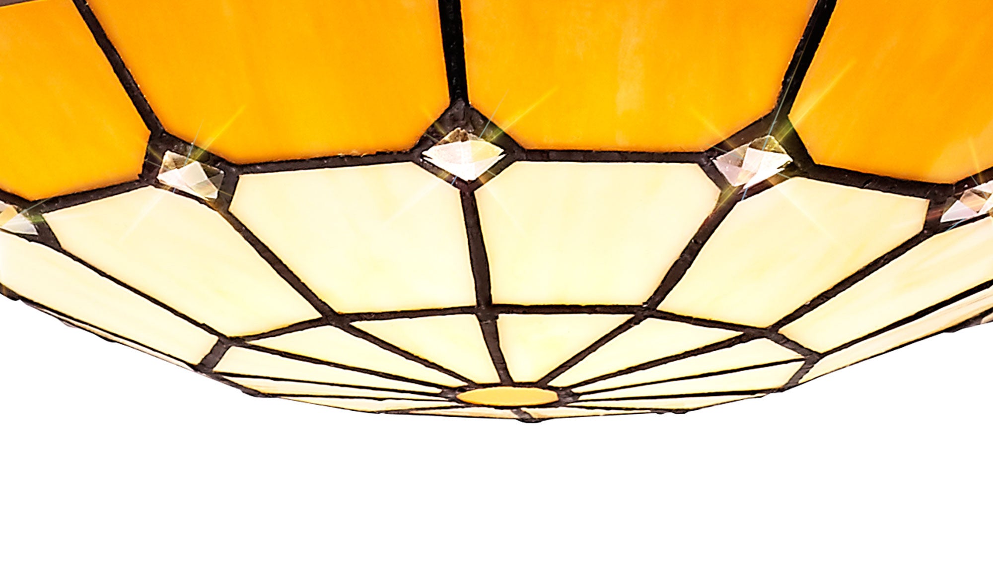 Austiffany 1 Light Pendant E27 With 35cm Tiffany Shade,  Cream/Beige/Clear Crystal Centre/Aged Antique Brass Trim/Black