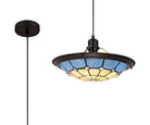 Austiffany 1 Light Pendant E27 With 35cm Tiffany Shade,  Cream/Rich Blue/Clear Crystal Centre/Aged Antique Brass Trim/Black