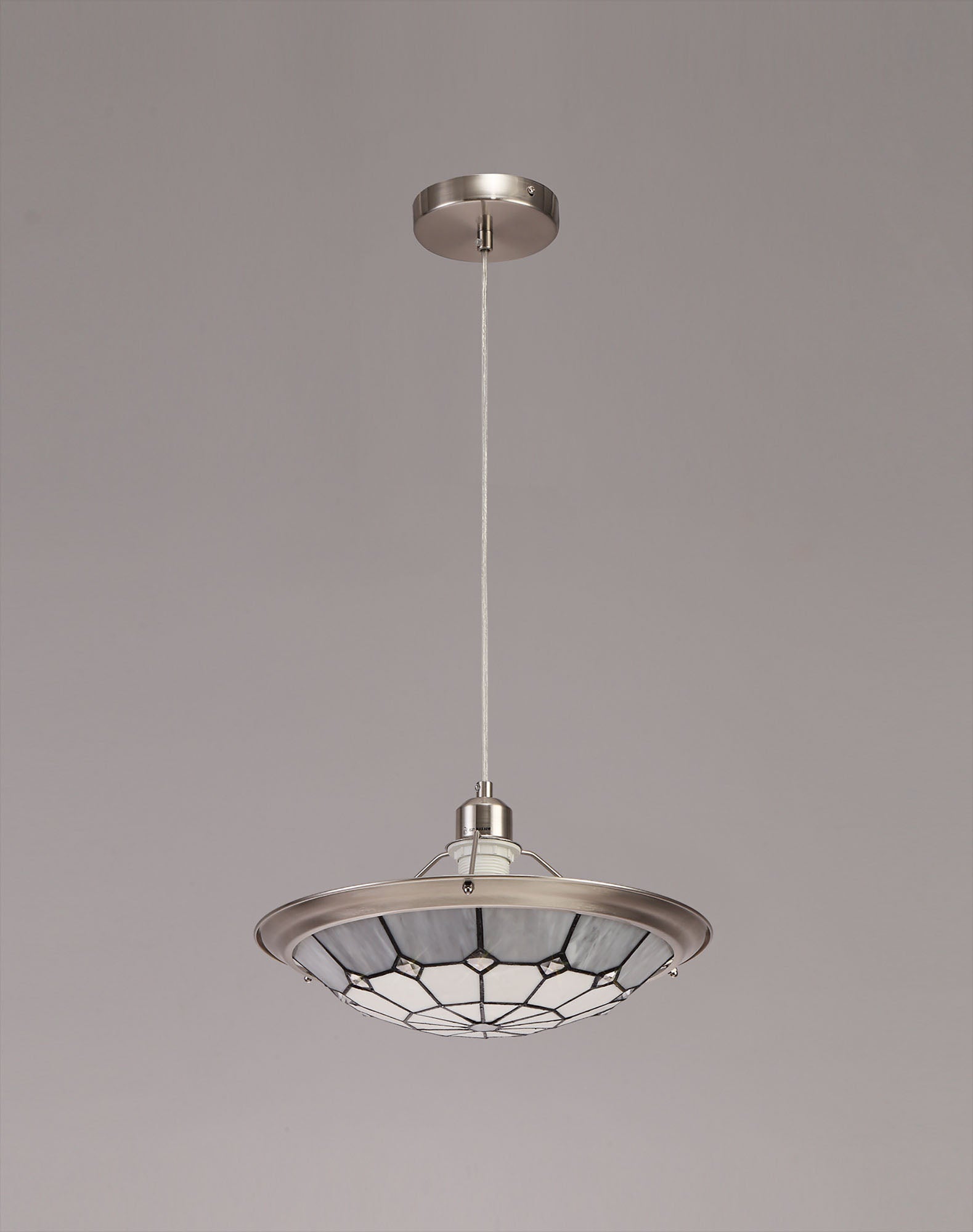 Austiffany 1 Light Pendant E27 With 35cm Tiffany Shade,  Cream/Grey/Crystal Centre/Satin Nickel Brass Trim/Satin Nickel