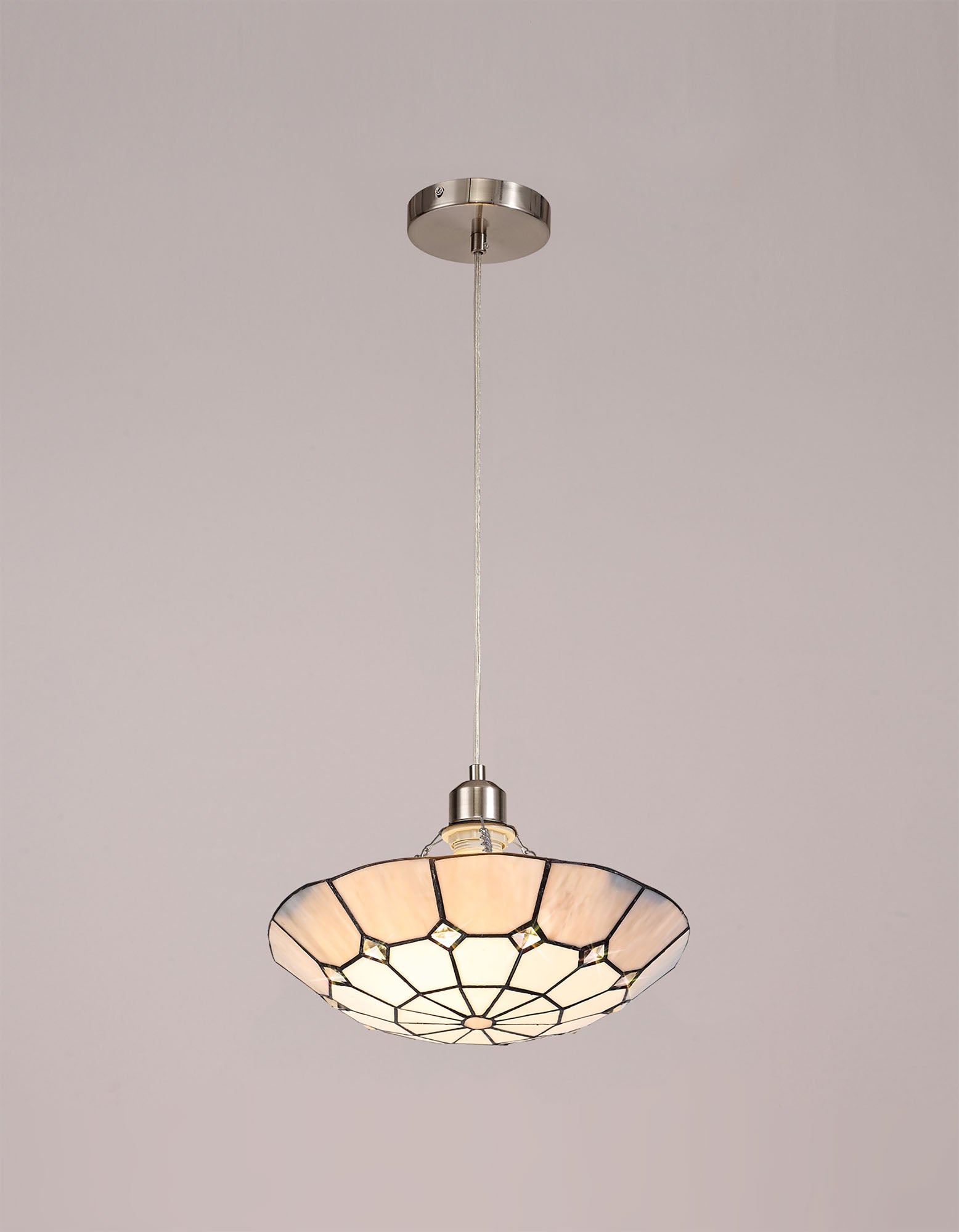 Austiffany 1 Light Pendant E27 With 35cm Tiffany Shade,  Cream/Grey/Crystal Centre/Satin Nickel Brass Trim/Satin Nickel