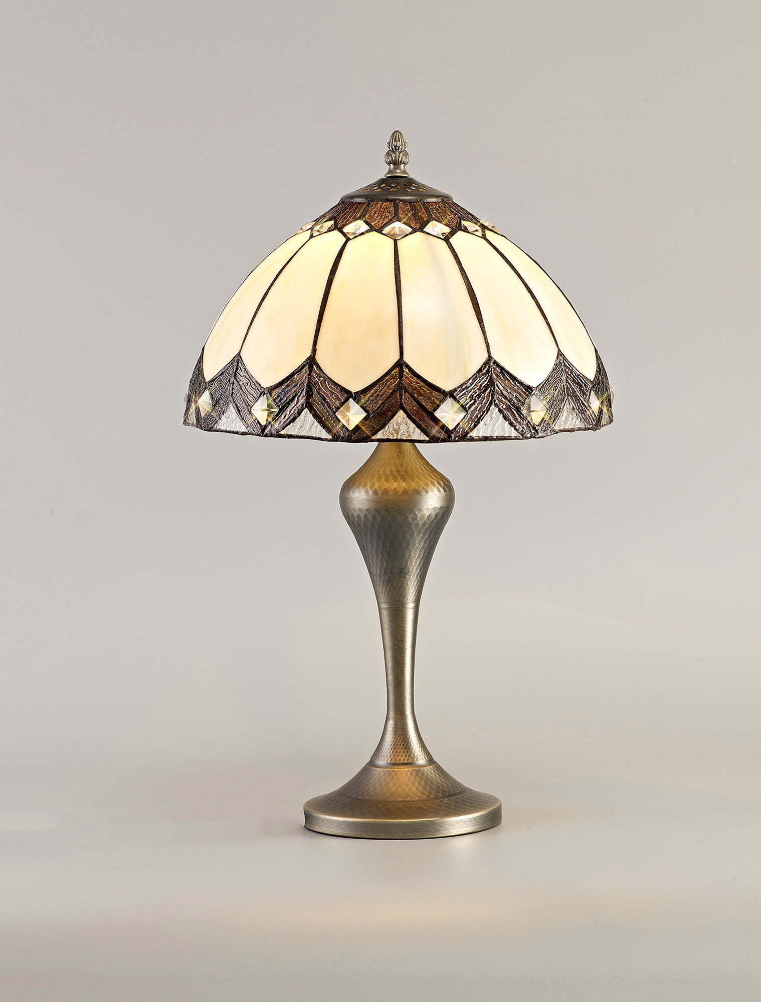 Blenheimtif Tiffany Table Lamp, 1 x E27, Aged Antique Brass Base/Crealm/Brown Glass/Clear Crystal