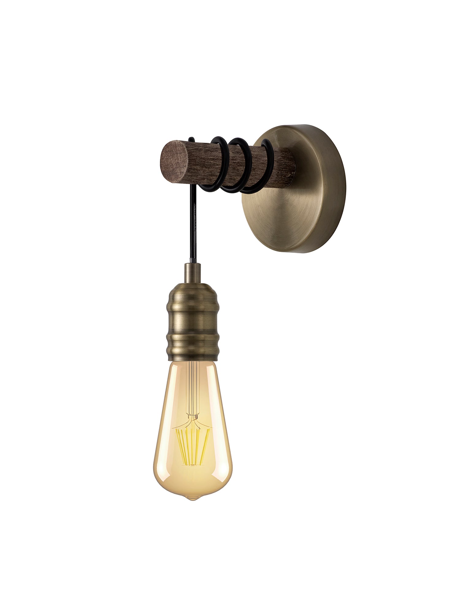 Bohar Wall Lamp, 1 x E27, Medium Oak/Antique Brass