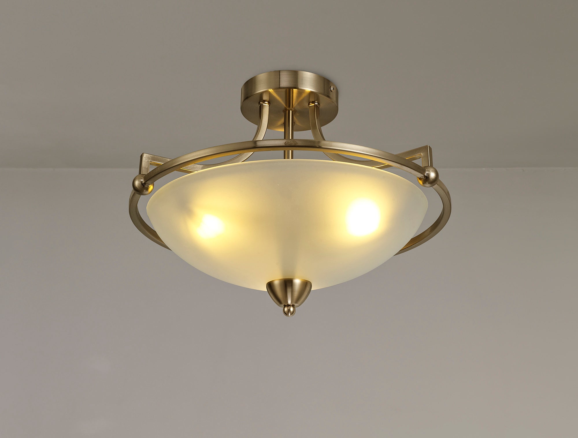 Camborne Semi-Flush Ceiling, 3 Light E27, Antique Brass/Frosted Glass