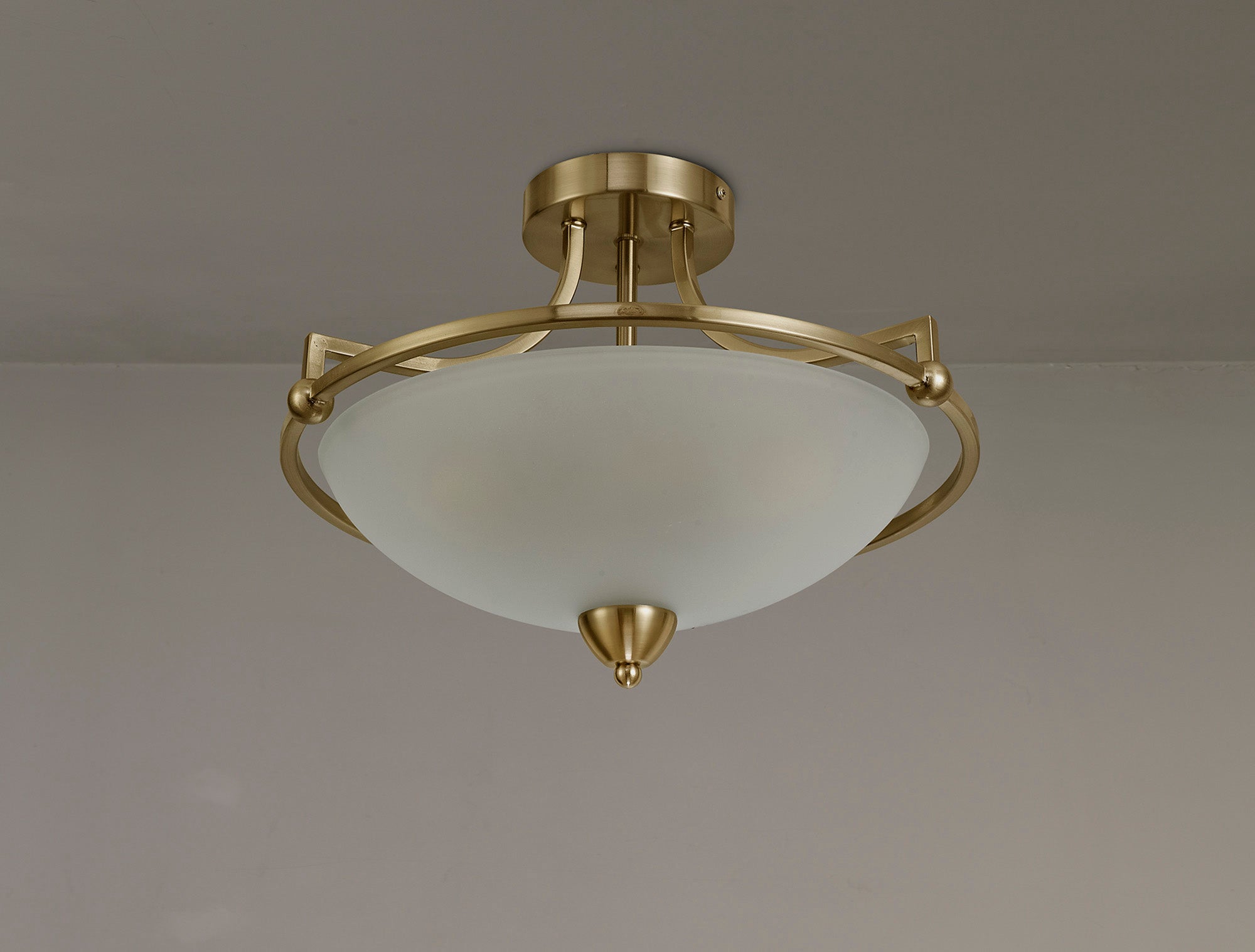 Camborne Semi-Flush Ceiling, 3 Light E27, Antique Brass/Frosted Glass