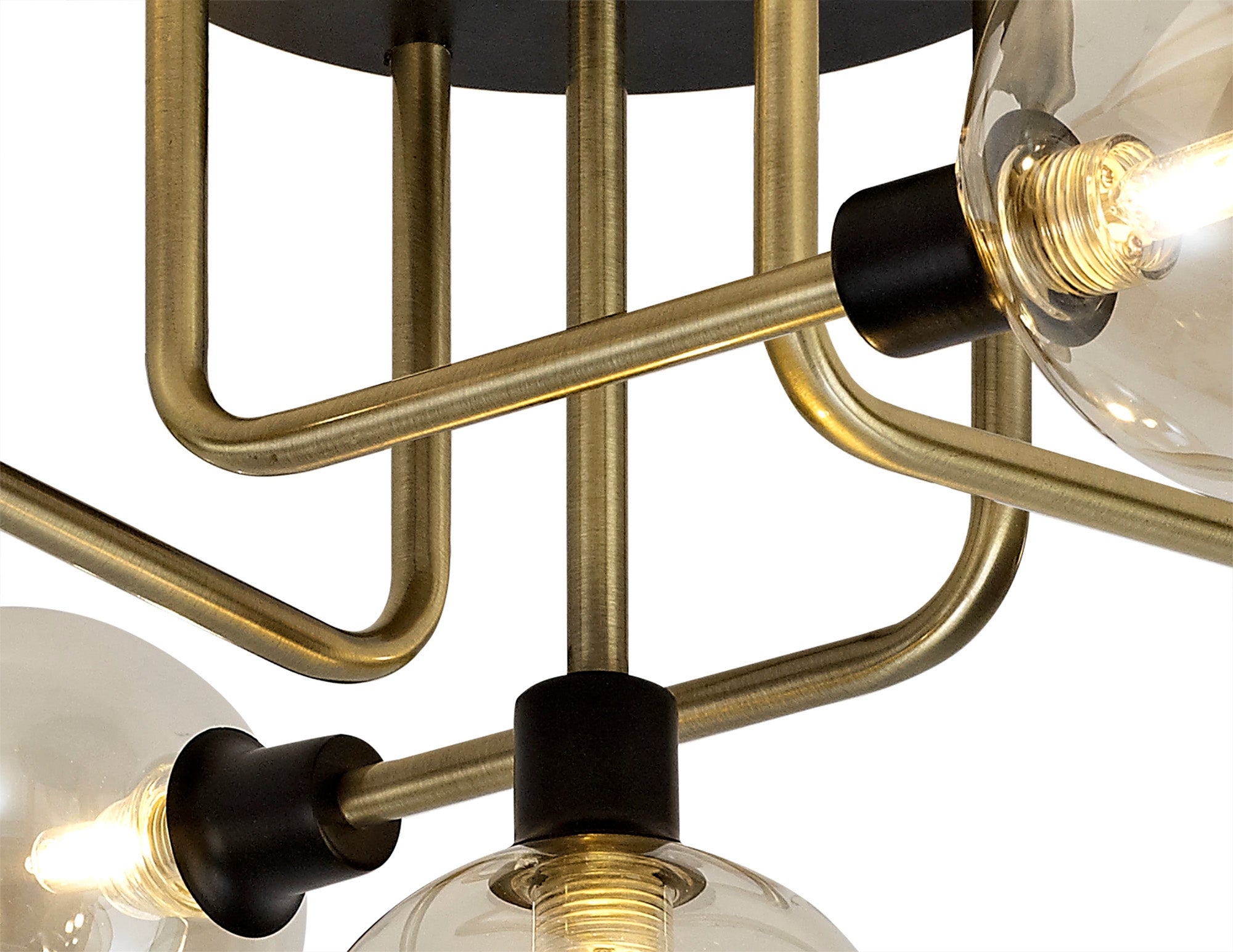 Denon Flush Ceiling, 5 Light G9, Matt Black/Antique Brass/Cognac Glass