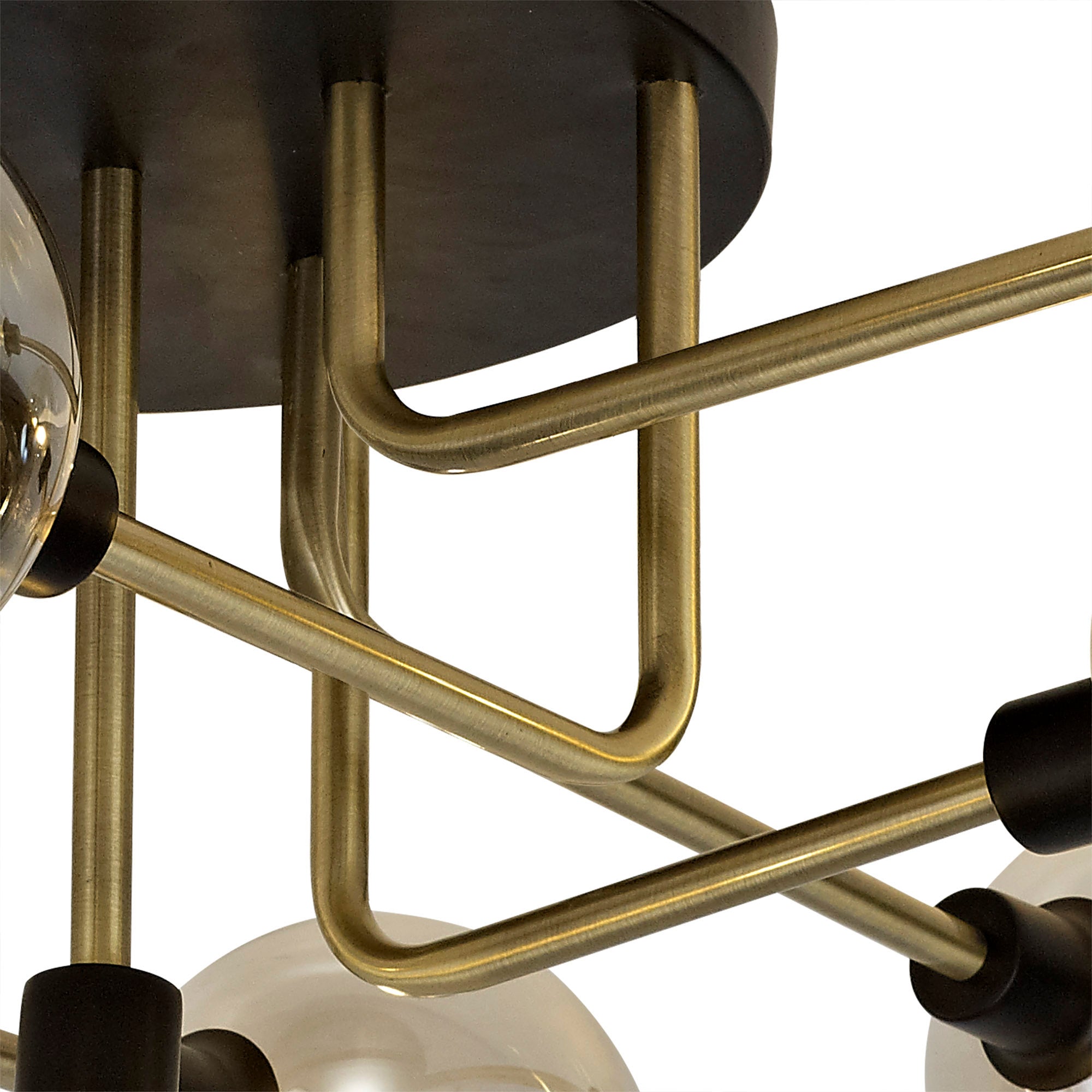 Denon Flush Ceiling, 9 Light G9, Matt Black/Antique Brass/Cognac Glass