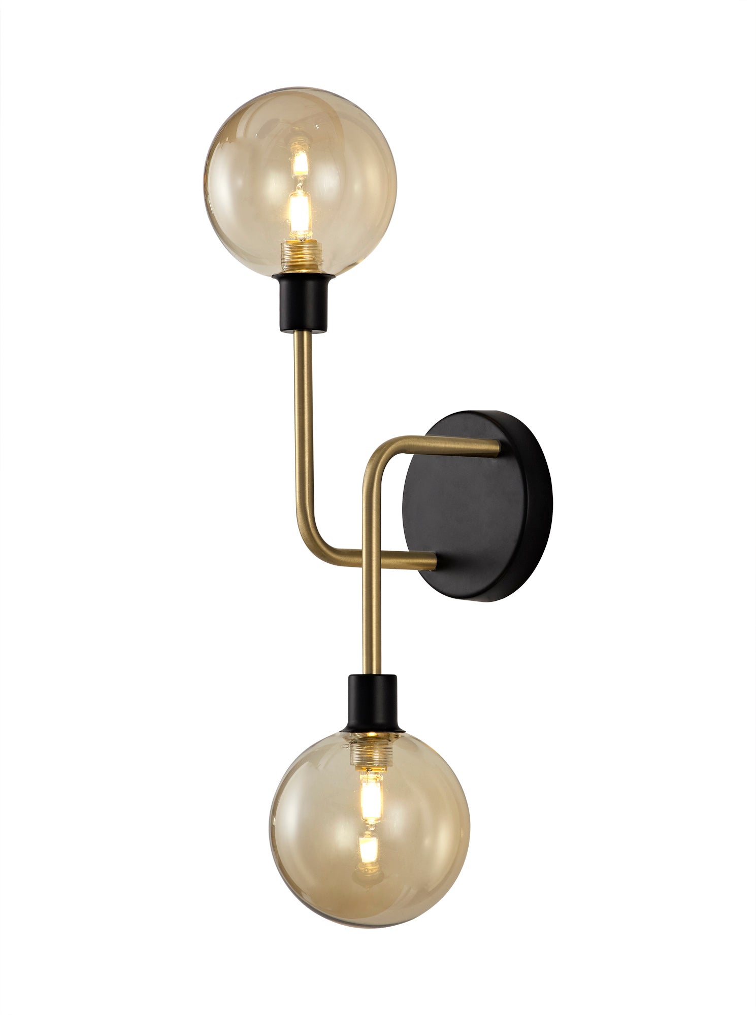 Denon Wall Lamp, 2 Light G9, Matt Black/Antique Brass/Cognac Glass