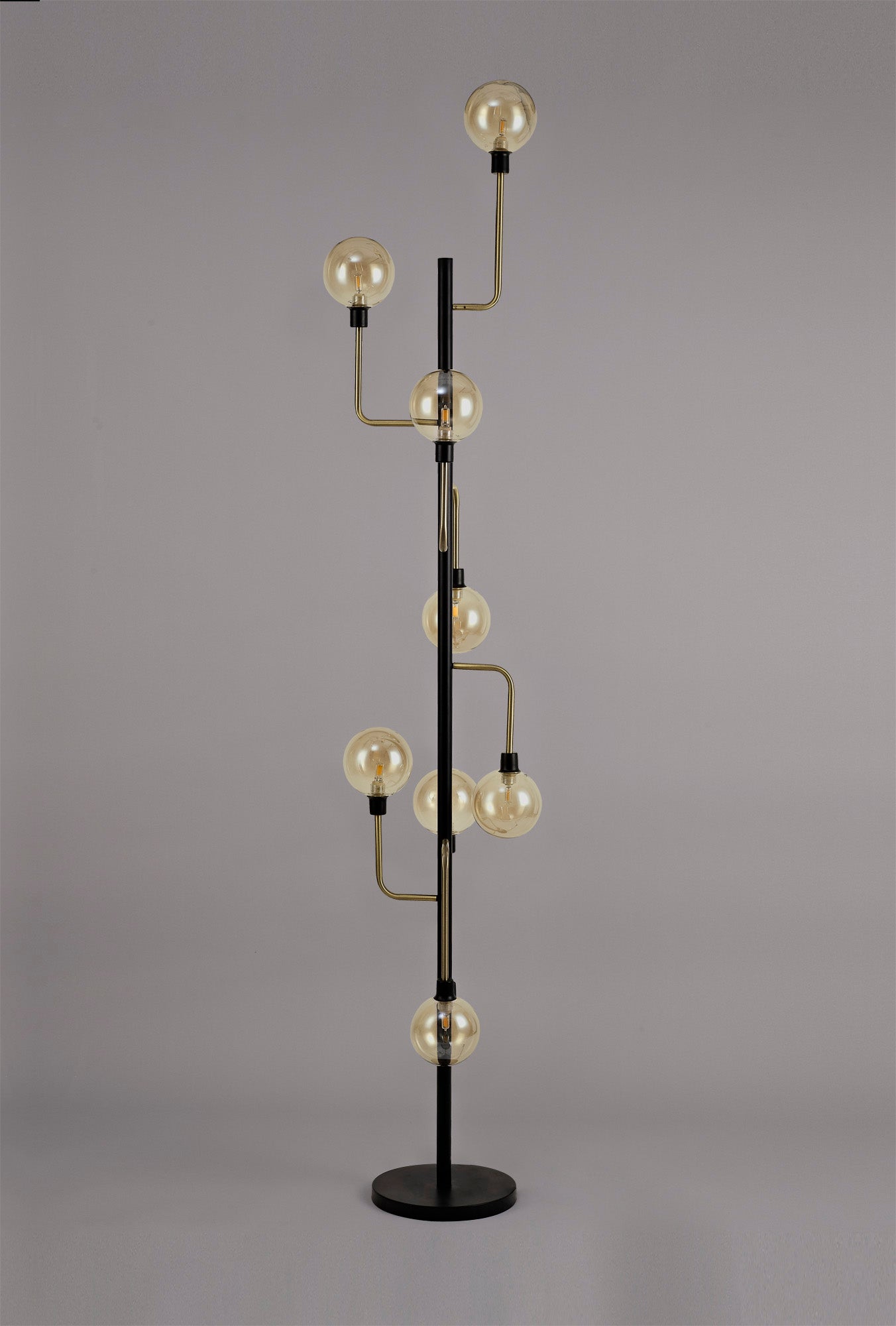 Denon Floor Lamp, 8 Light G9, Matt Black/Antique Brass/Cognac Glass