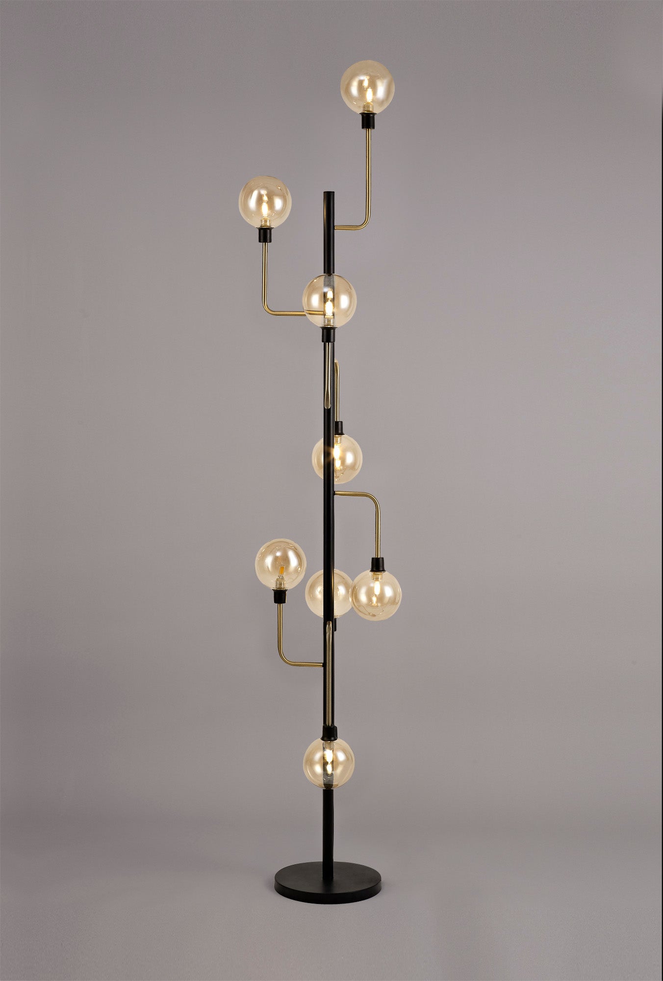 Denon Floor Lamp, 8 Light G9, Matt Black/Antique Brass/Cognac Glass
