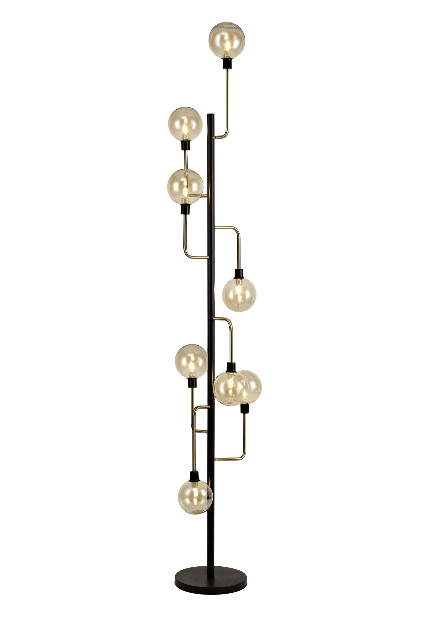 Denon Floor Lamp, 8 Light G9, Matt Black/Antique Brass/Cognac Glass