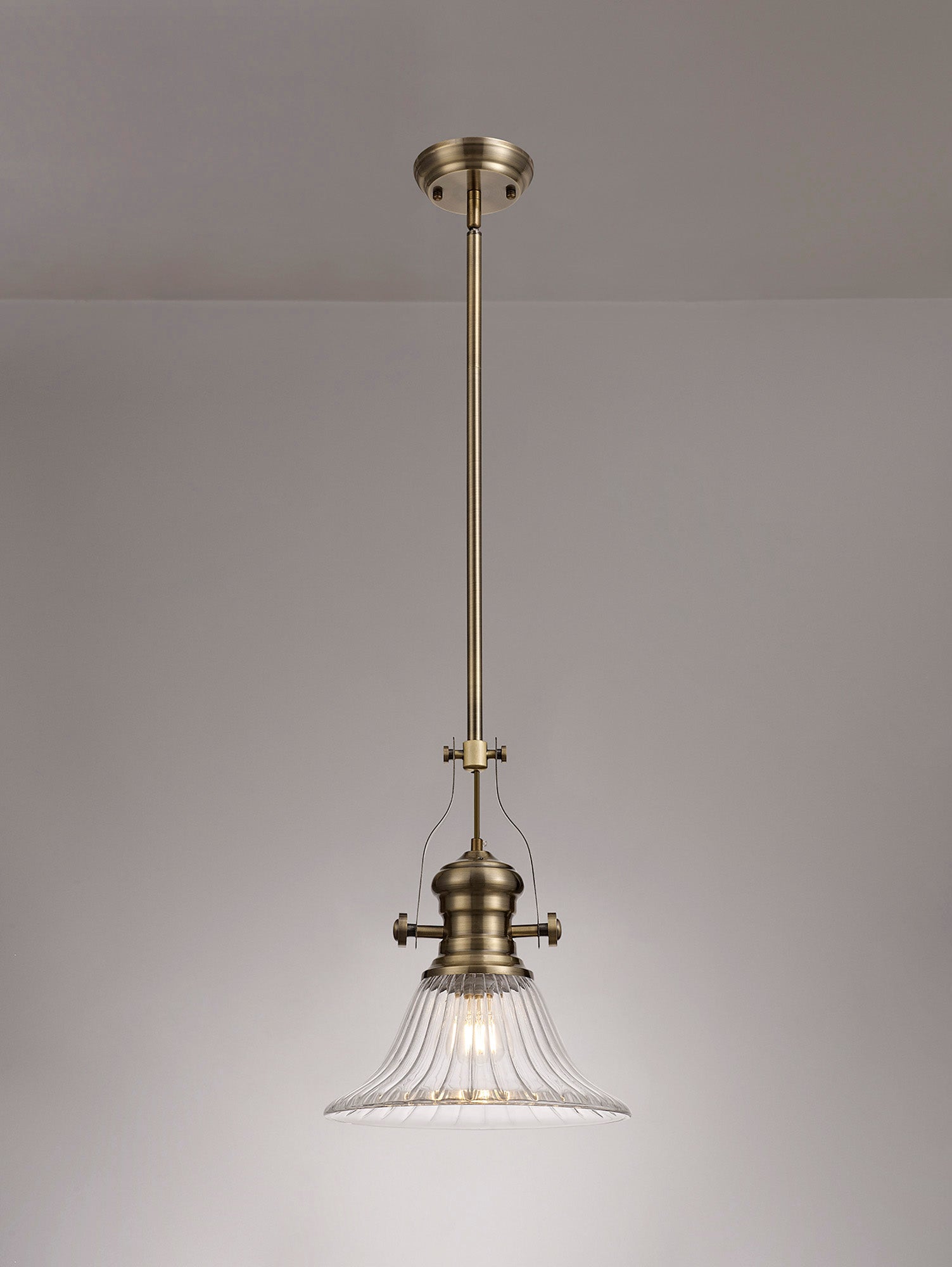Docker 1 Light Pendant E27 With 30cm Bell Glass Shade, Antique Brass/Clear