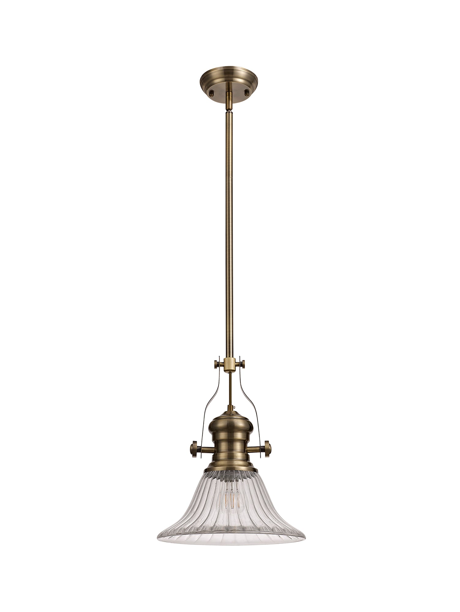 Docker 1 Light Pendant E27 With 30cm Bell Glass Shade, Antique Brass/Clear