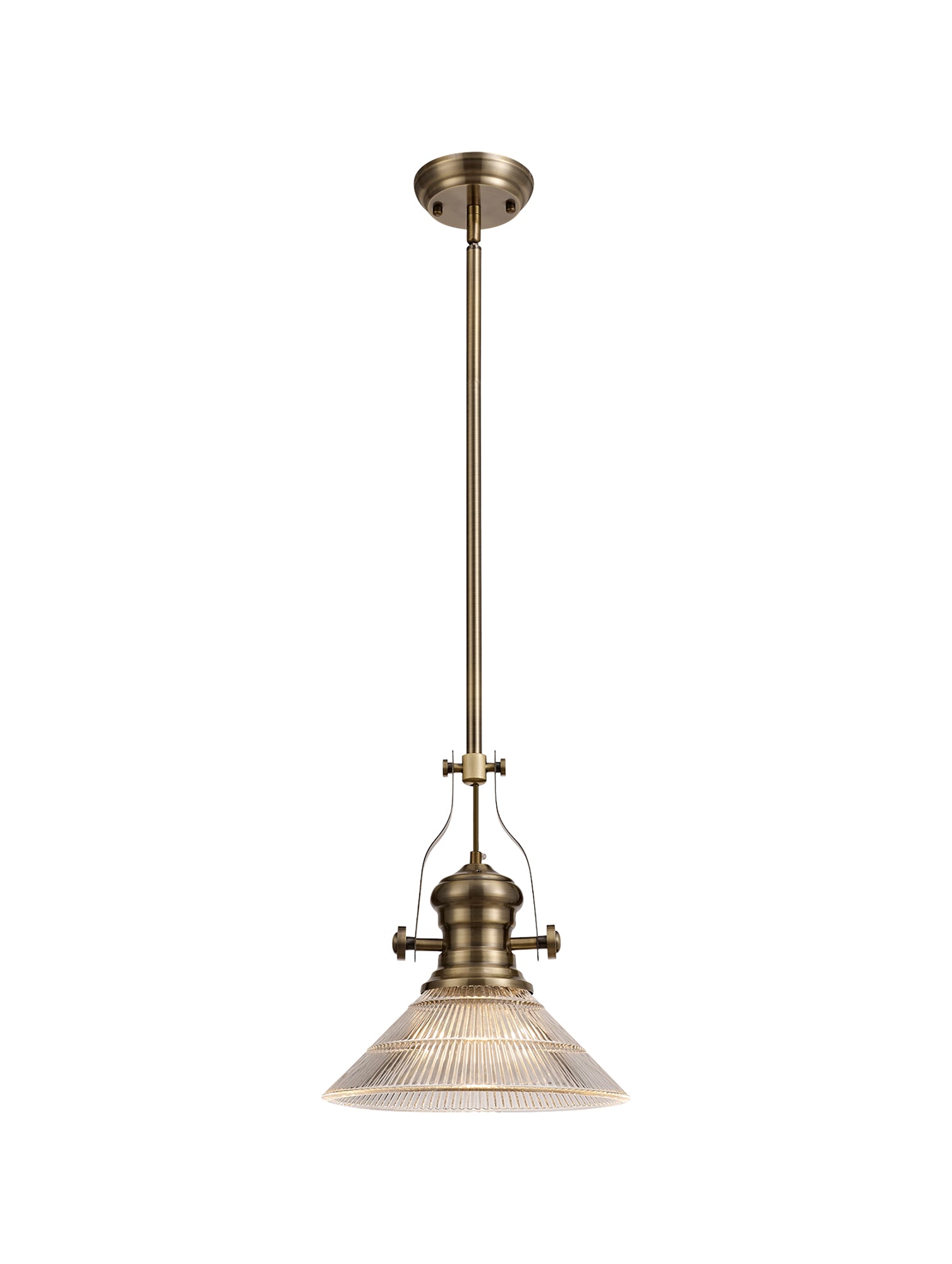 Docker 1 Light Pendant E27 With 30cm Cone Glass Shade, Antique Brass/Clear