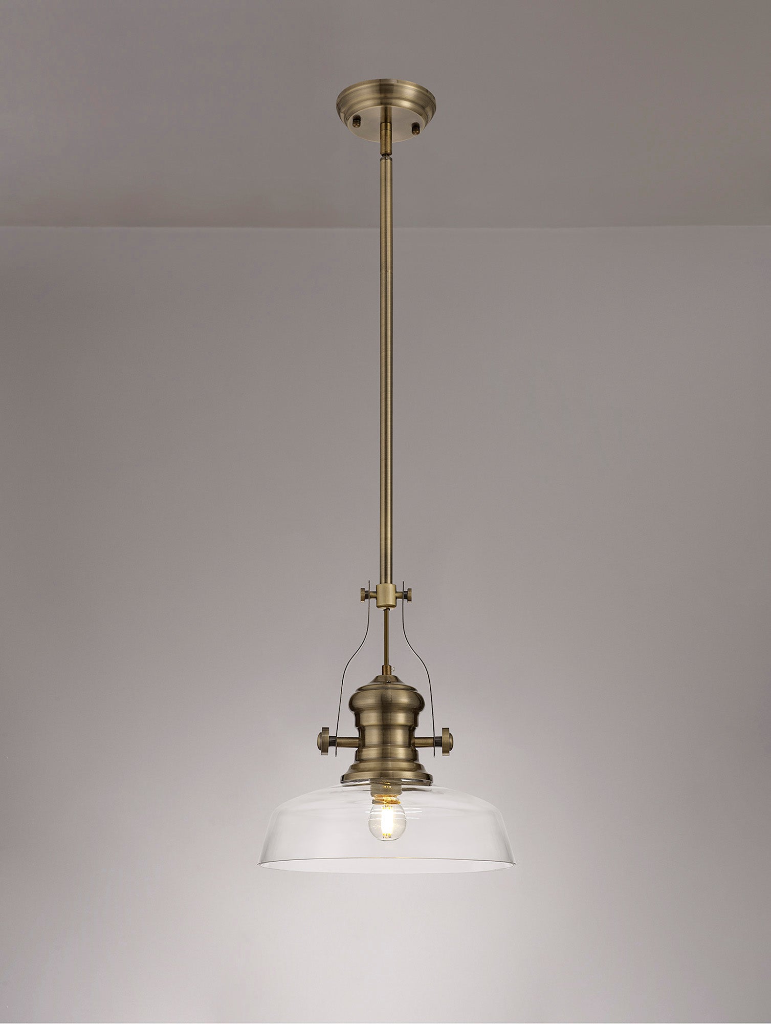 Docker 1 Light Pendant E27 With 30cm Flat Round Glass Shade, Antique Brass/Clear