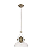 Docker 1 Light Pendant E27 With 30cm Flat Round Glass Shade, Antique Brass/Clear