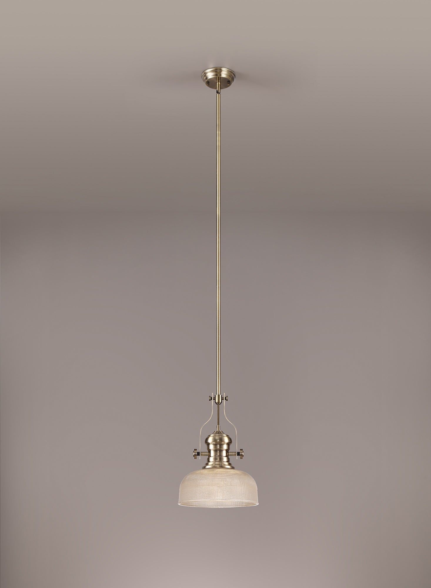Docker 1 Light Pendant E27 With 26.5cm Prismatic Glass Shade, Antique Brass/Clear