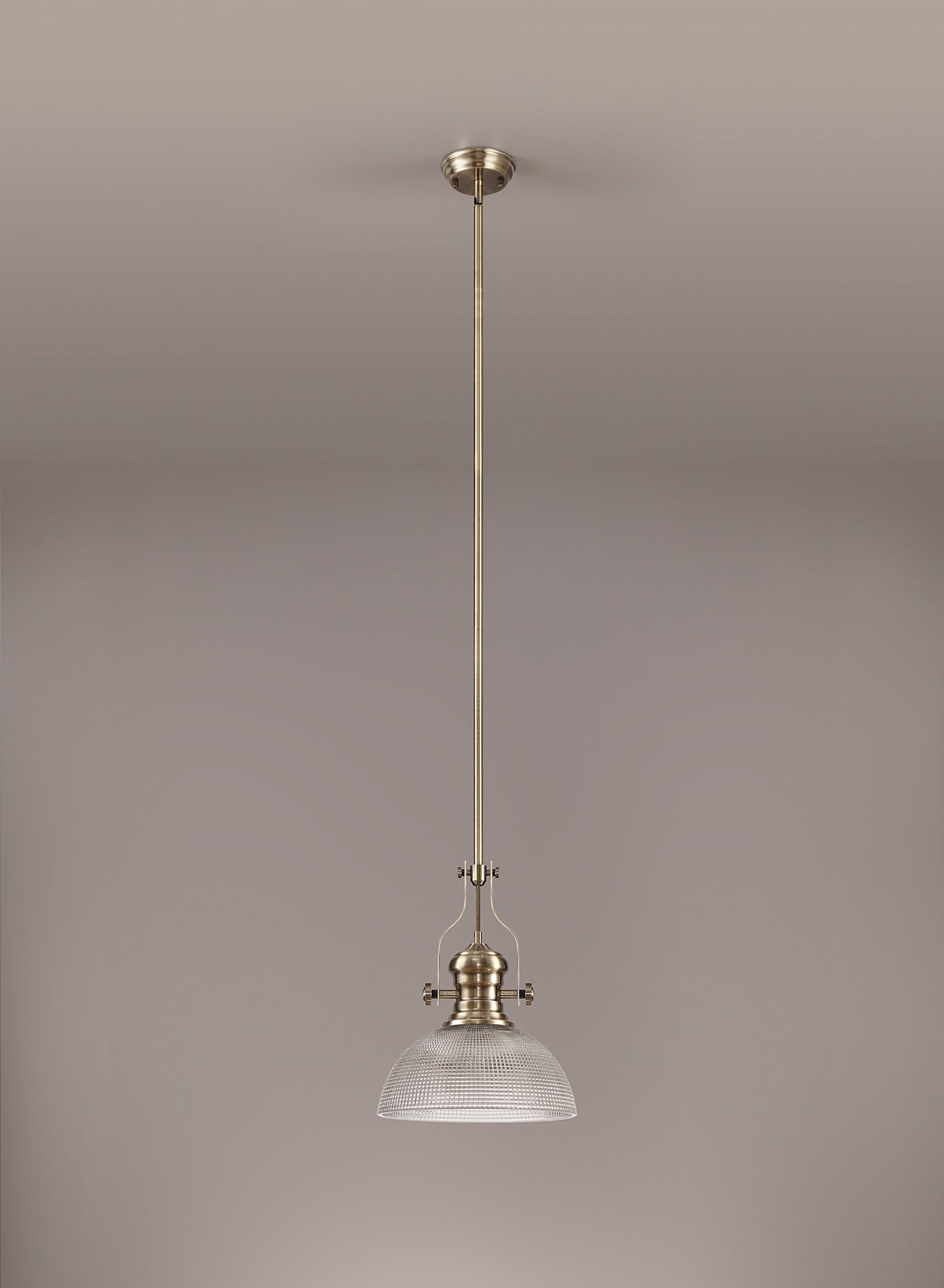 Docker 1 Light Pendant E27 With 30cm Prismatic Glass Shade, Antique Brass/Clear