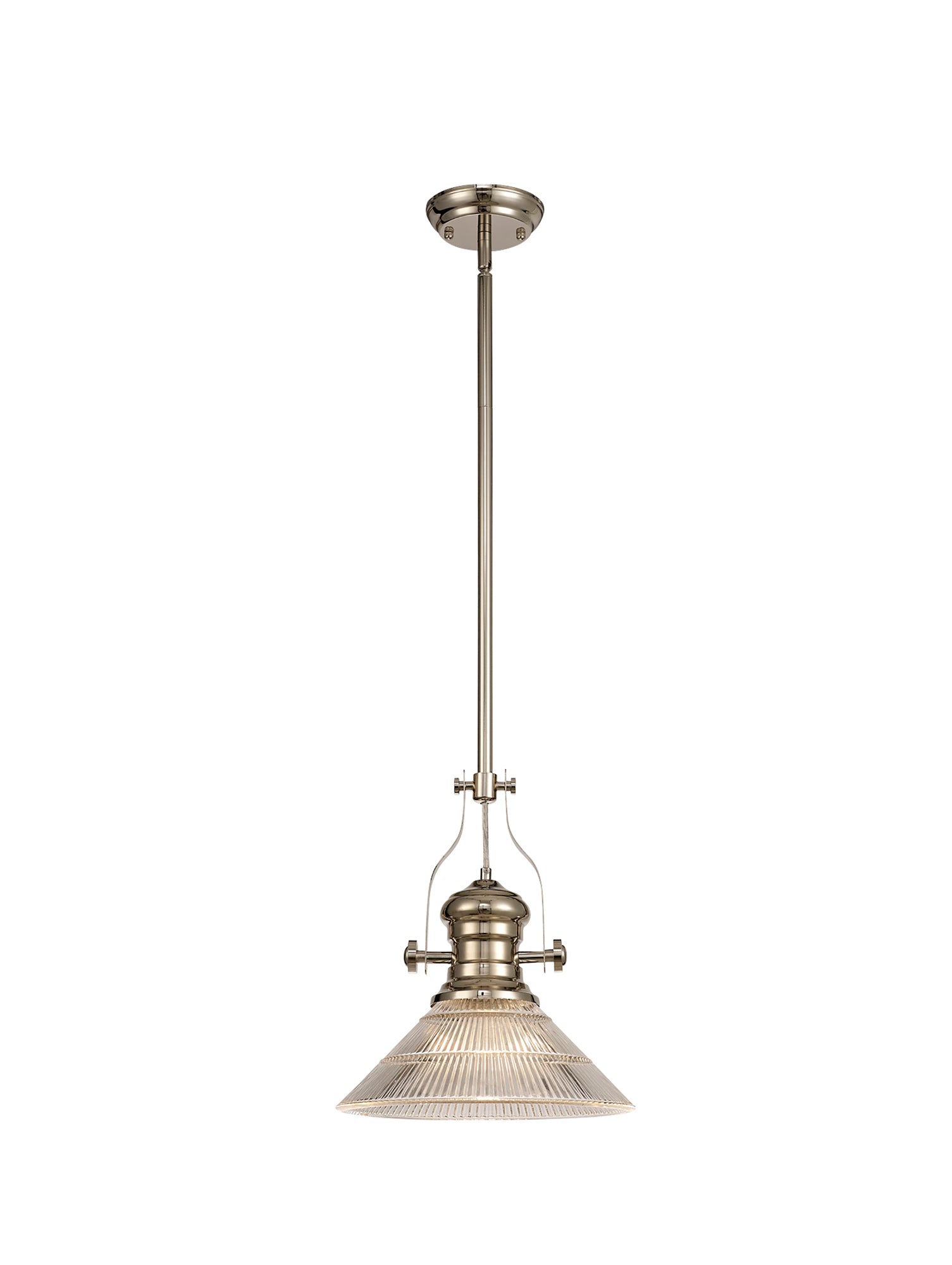 Docker 1 Light Pendant E27 With 30cm Cone Glass Shade, Polished Nickel/Clear