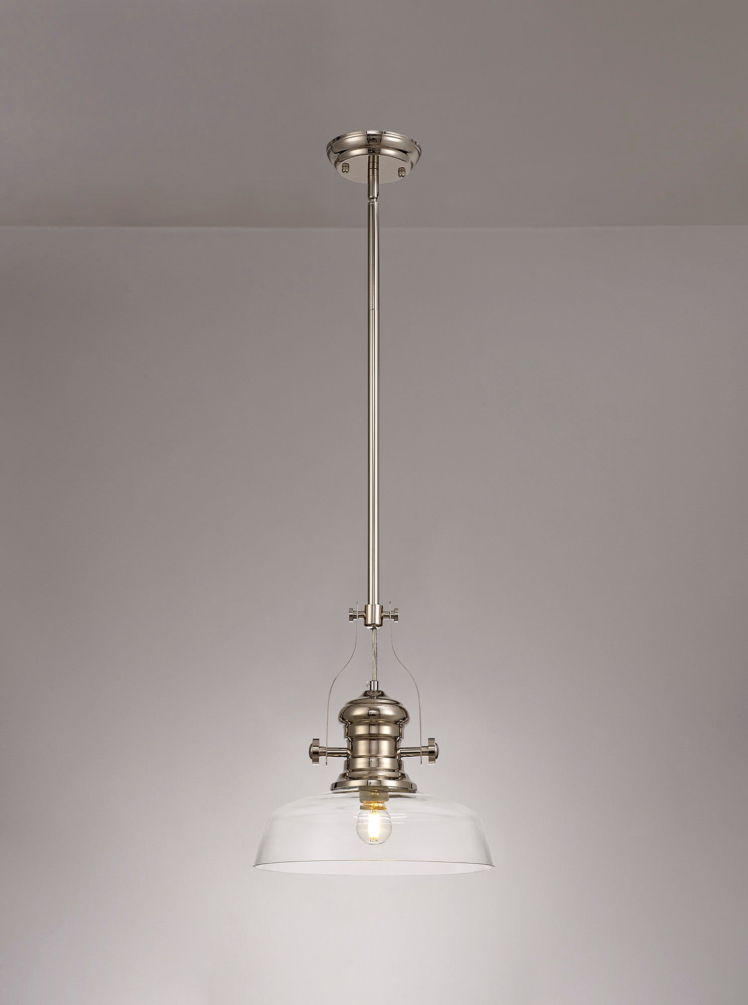 Docker 1 Light Pendant E27 With 30cm Flat Round Glass Shade, Polished Nickel/Clear