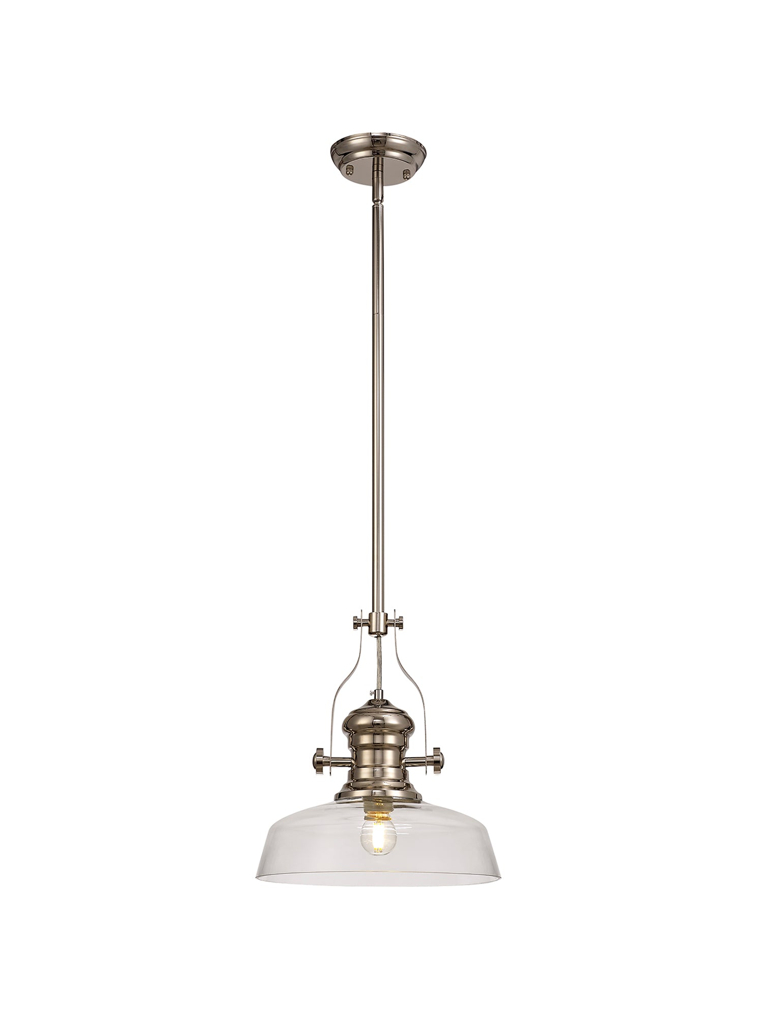 Docker 1 Light Pendant E27 With 30cm Flat Round Glass Shade, Polished Nickel/Clear
