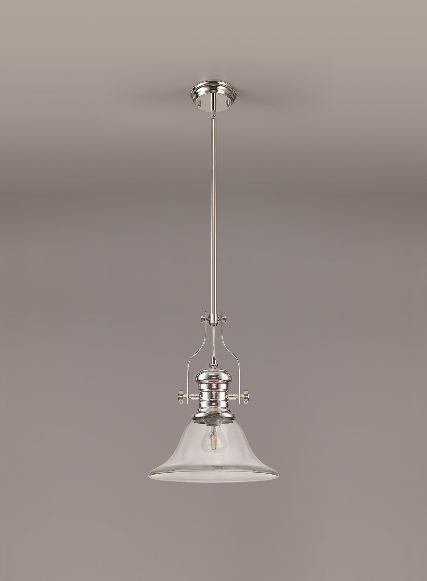 Docker 1 Light Pendant E27 With 30cm Smooth Bell Glass Shade, Polished Nickel/Clear