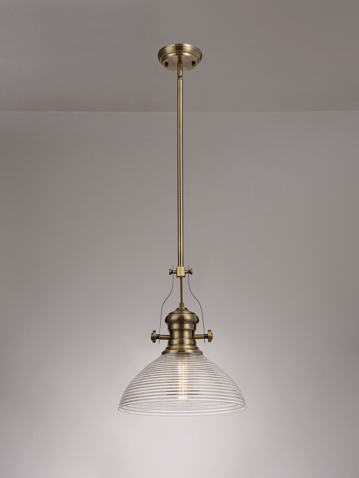 Docker 1 Light Pendant E27 With 33.5cm Prismatic Glass Shade, Polished Nickel/Clear