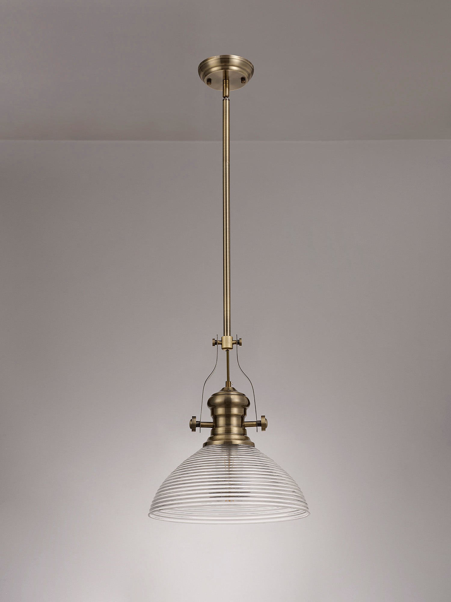 Docker 1 Light Pendant E27 With 33.5cm Prismatic Glass Shade, Polished Nickel/Clear