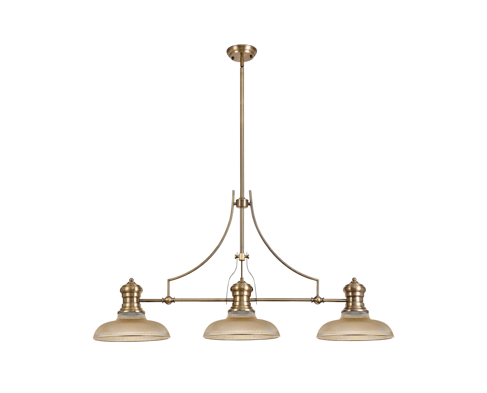 Docker 3 Light Linear Pendant E27 With 30cm Round Glass Shade, Antique Brass, Amber