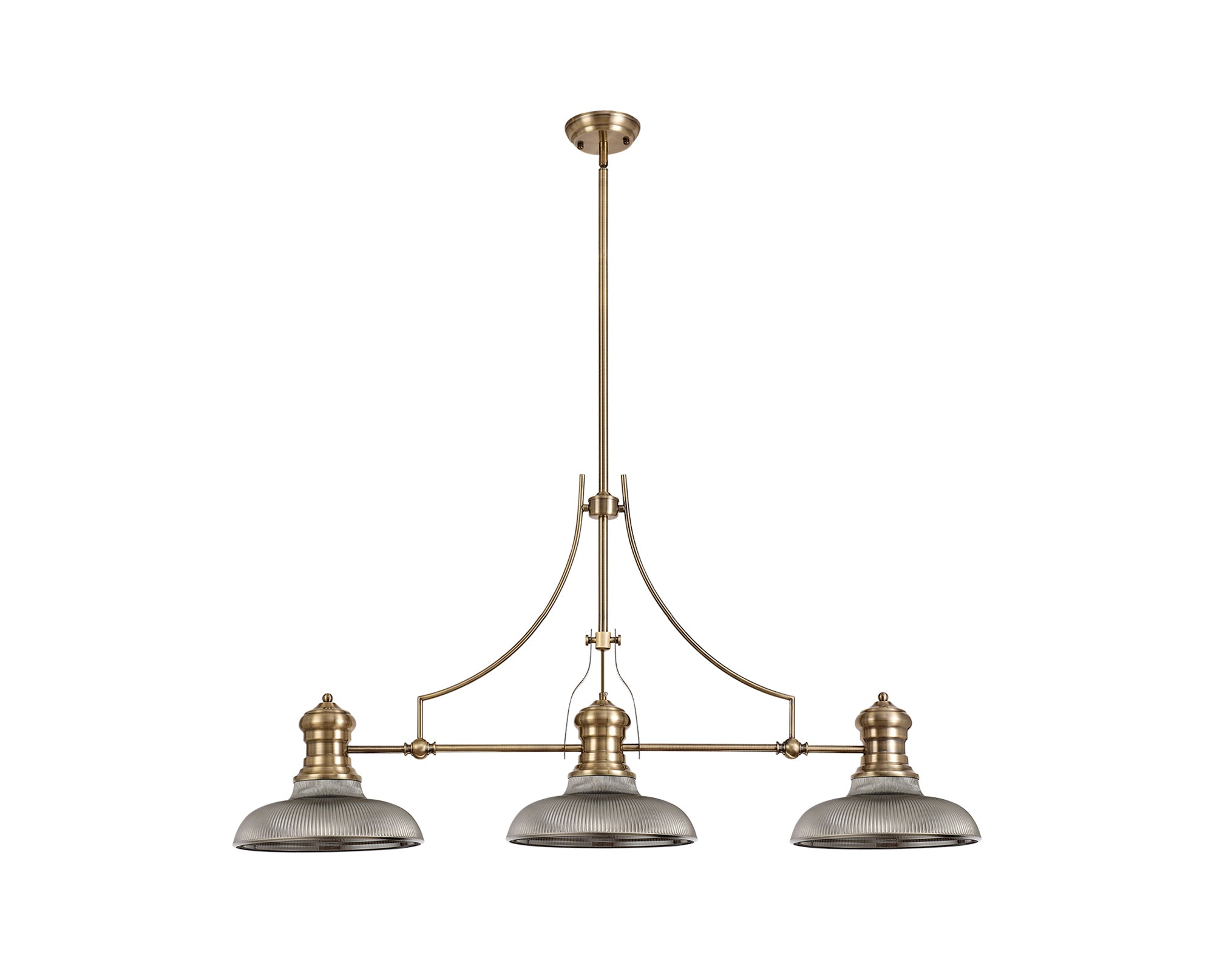 Docker 3 Light Linear Pendant E27 With 30cm Round Glass Shade, Antique Brass, Smoked