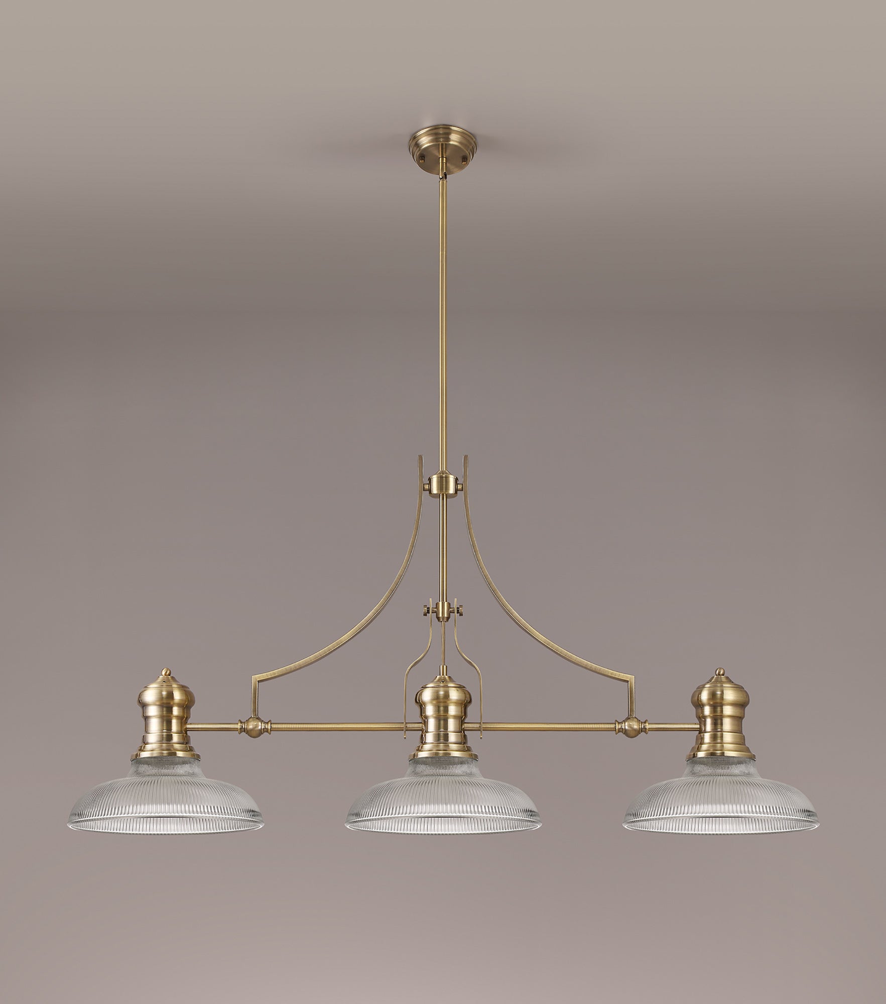 Docker 3 Light Linear Pendant E27 With 30cm Round Glass Shade, Antique Brass, Clear