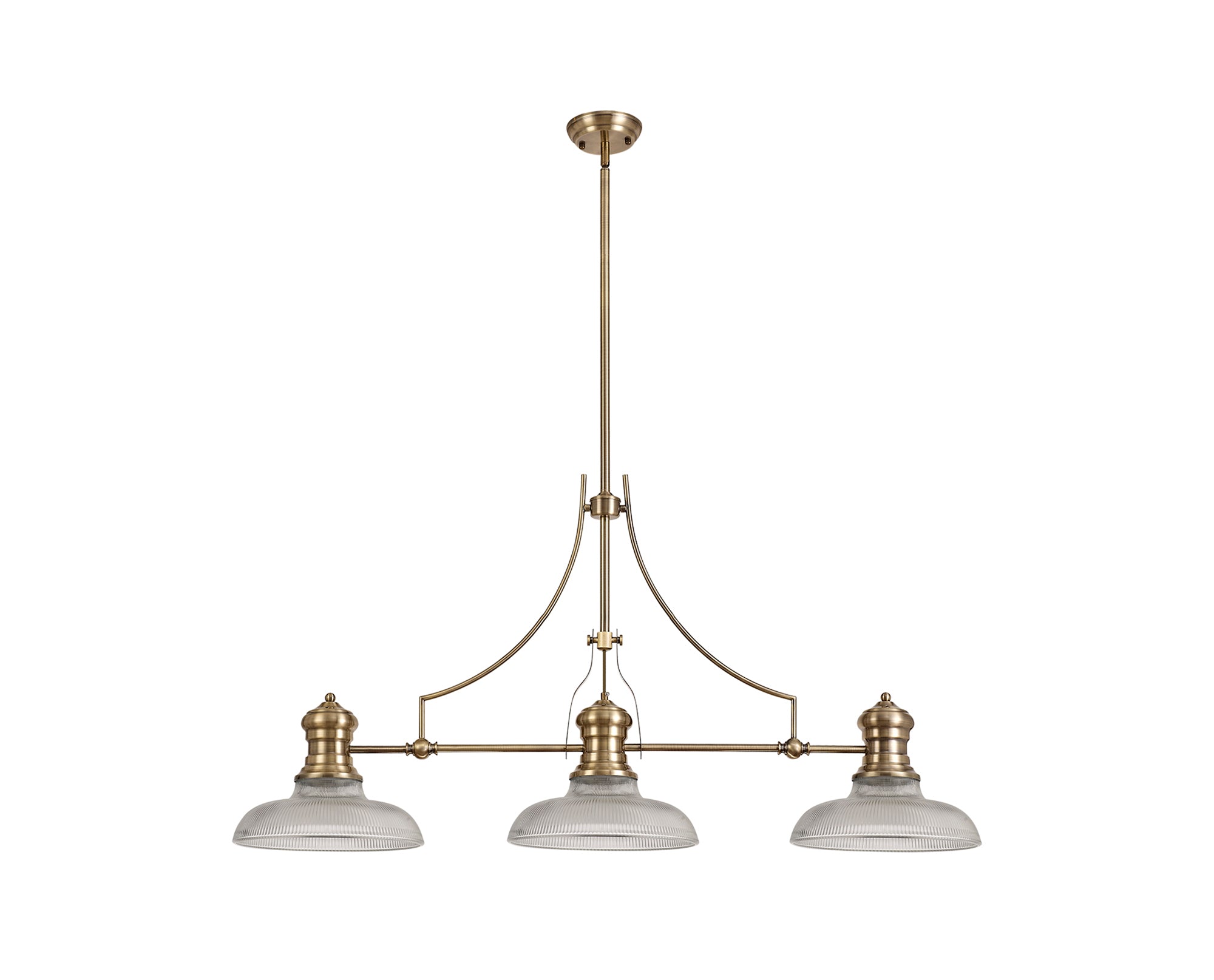 Docker 3 Light Linear Pendant E27 With 30cm Round Glass Shade, Antique Brass, Clear
