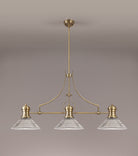 Docker 3 Light Linear Pendant E27 With 30cm Cone Glass Shade, Antique Brass, Clear