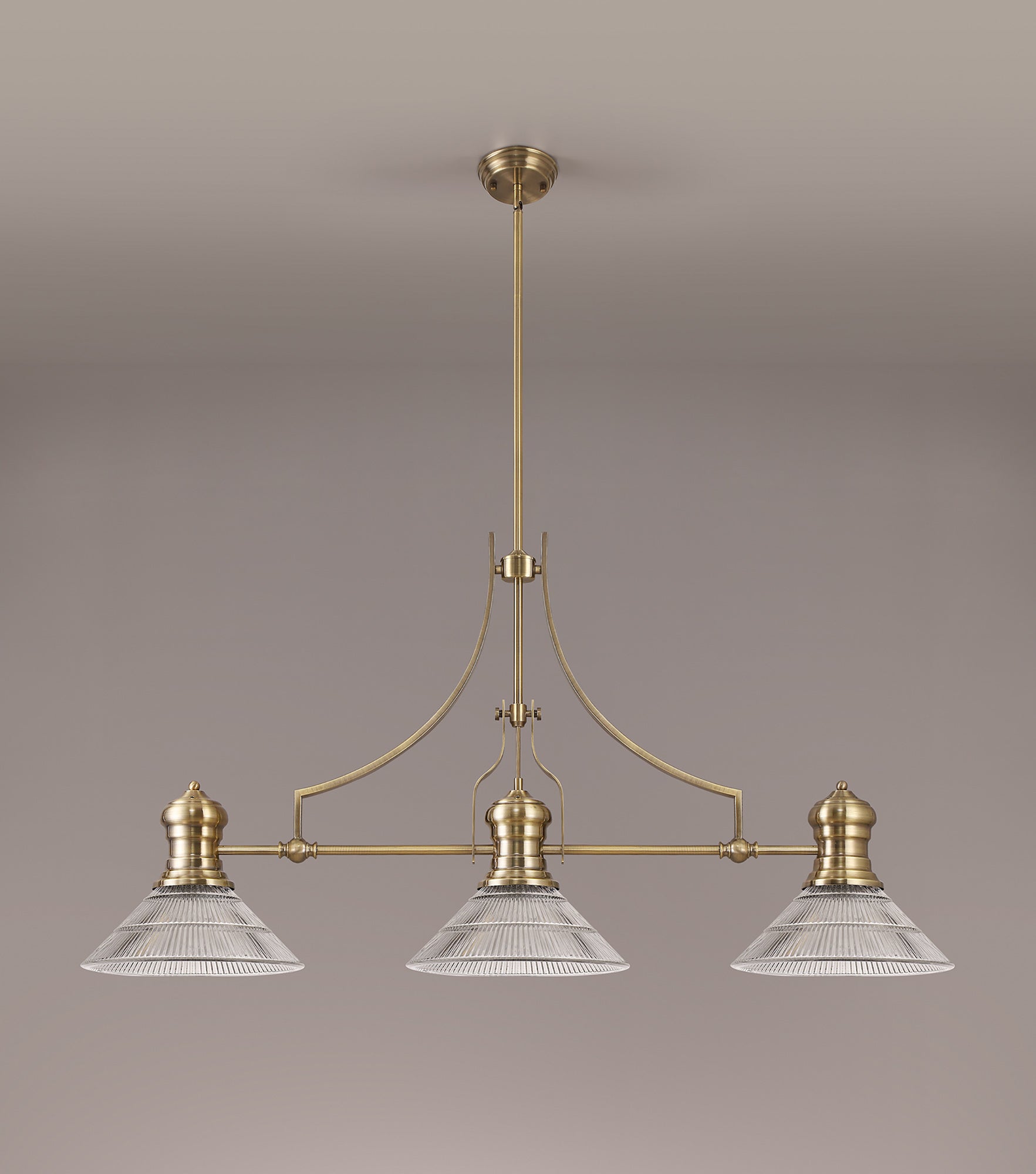 Docker 3 Light Linear Pendant E27 With 30cm Cone Glass Shade, Antique Brass, Clear