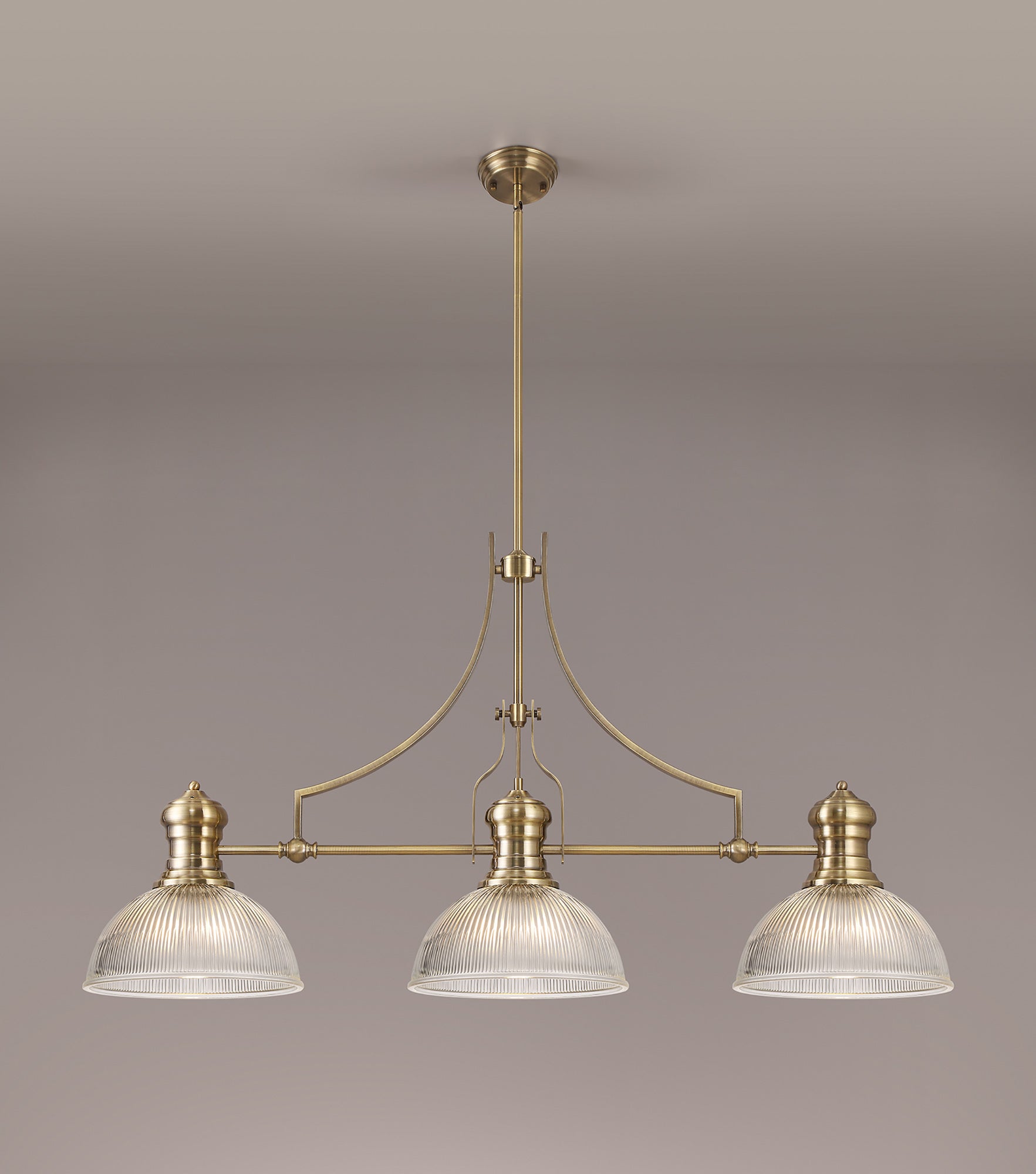 Docker 3 Light Linear Pendant E27 With 30cm Dome Glass Shade, Antique Brass, Clear