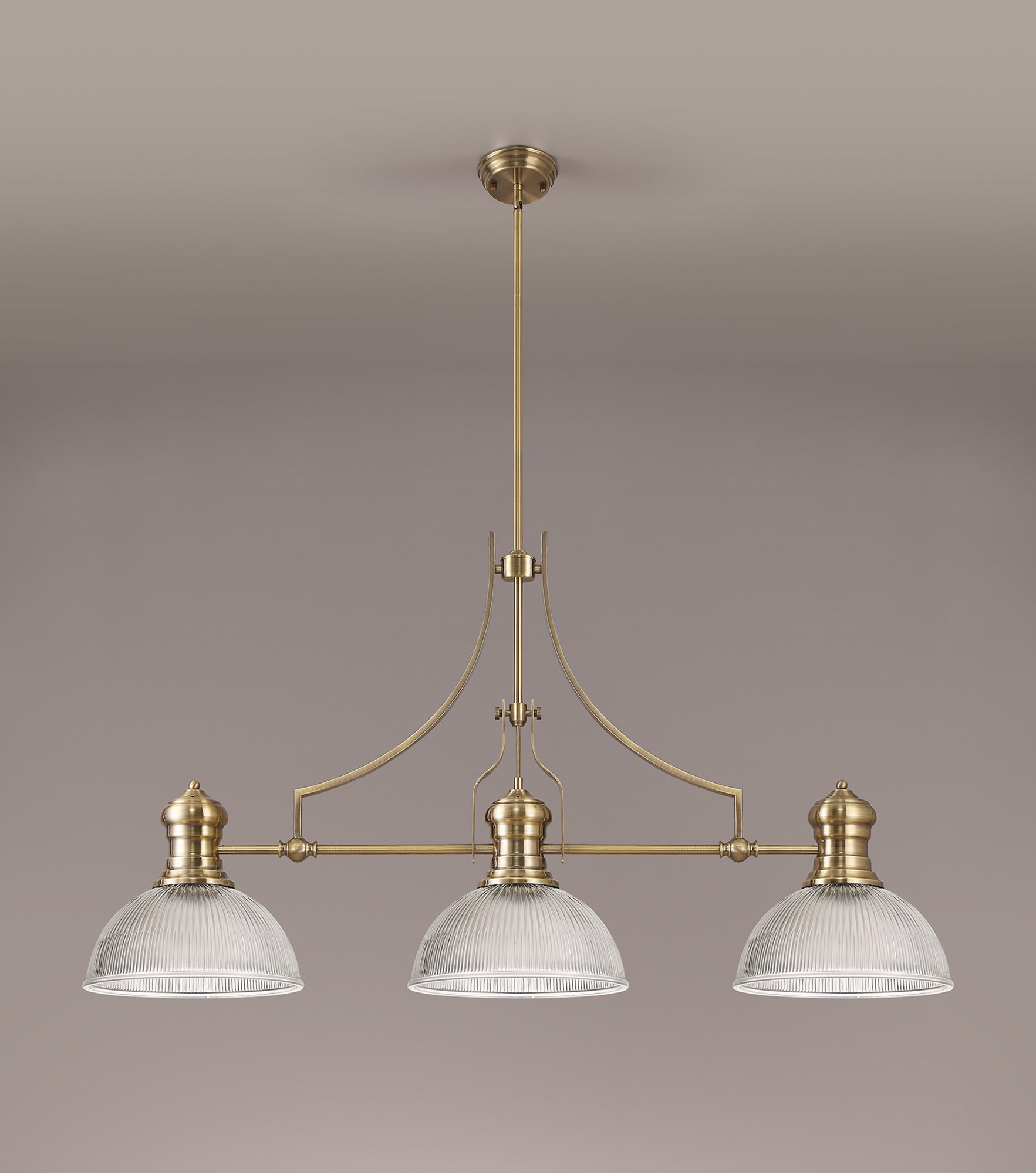 Docker 3 Light Linear Pendant E27 With 30cm Dome Glass Shade, Antique Brass, Clear