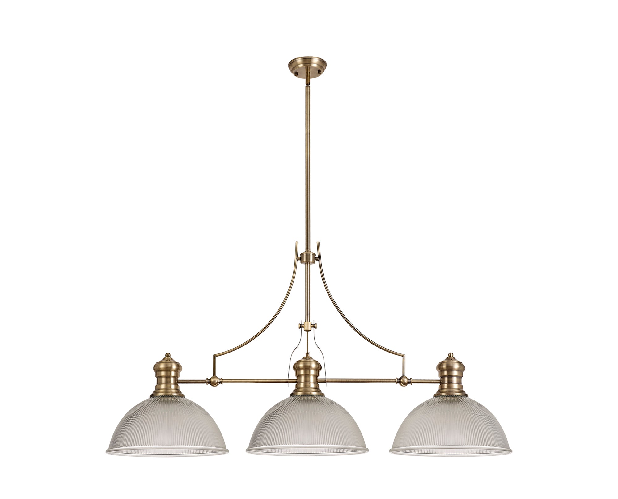 Docker 3 Light Linear Pendant E27 With 38cm Dome Glass Shade, Antique Brass, Clear LOK103583