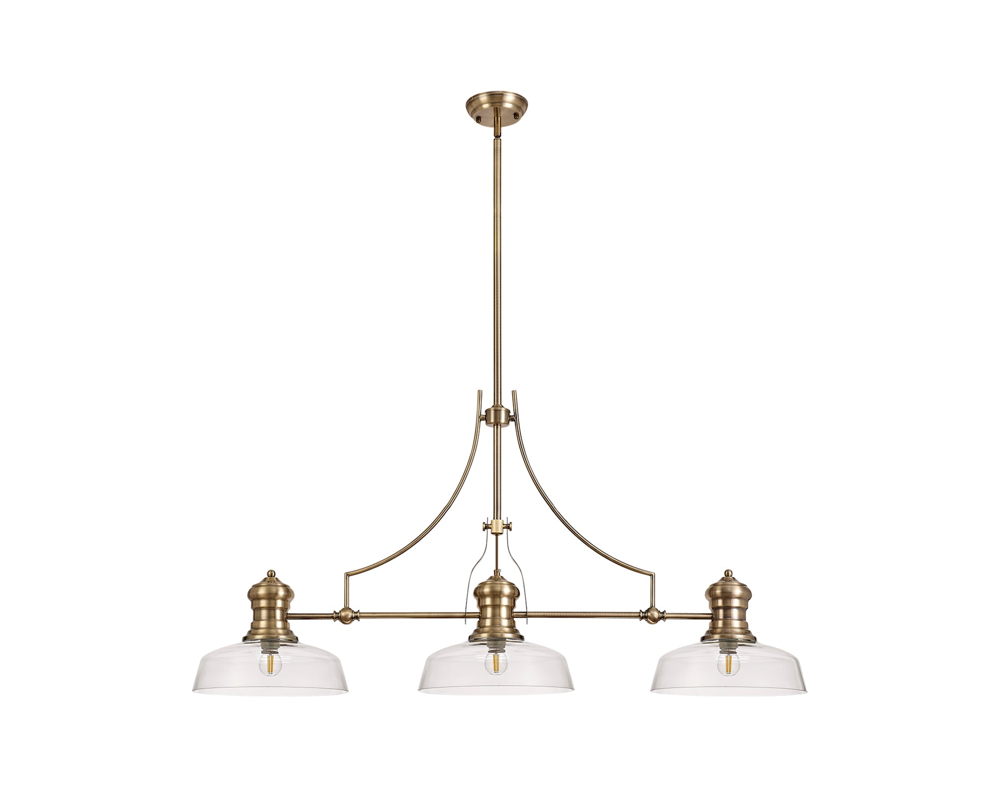 Docker 3 Light Linear Pendant E27 With 30cm Flat Round Glass Shade, Antique Brass, Clear