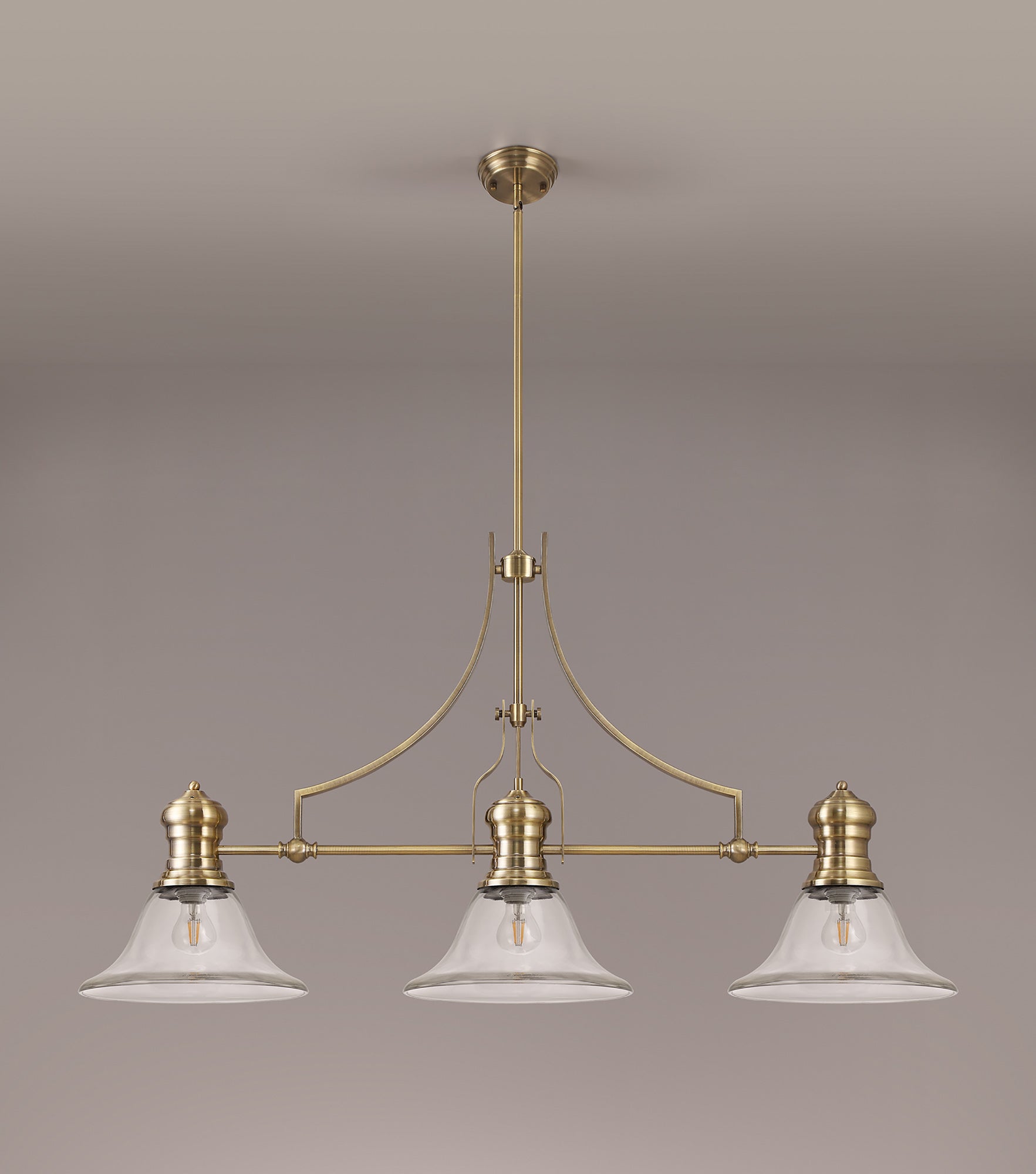 Docker 3 Light Linear Pendant E27 With 30cm Smooth Bell Glass Shade, Antique Brass, Clear