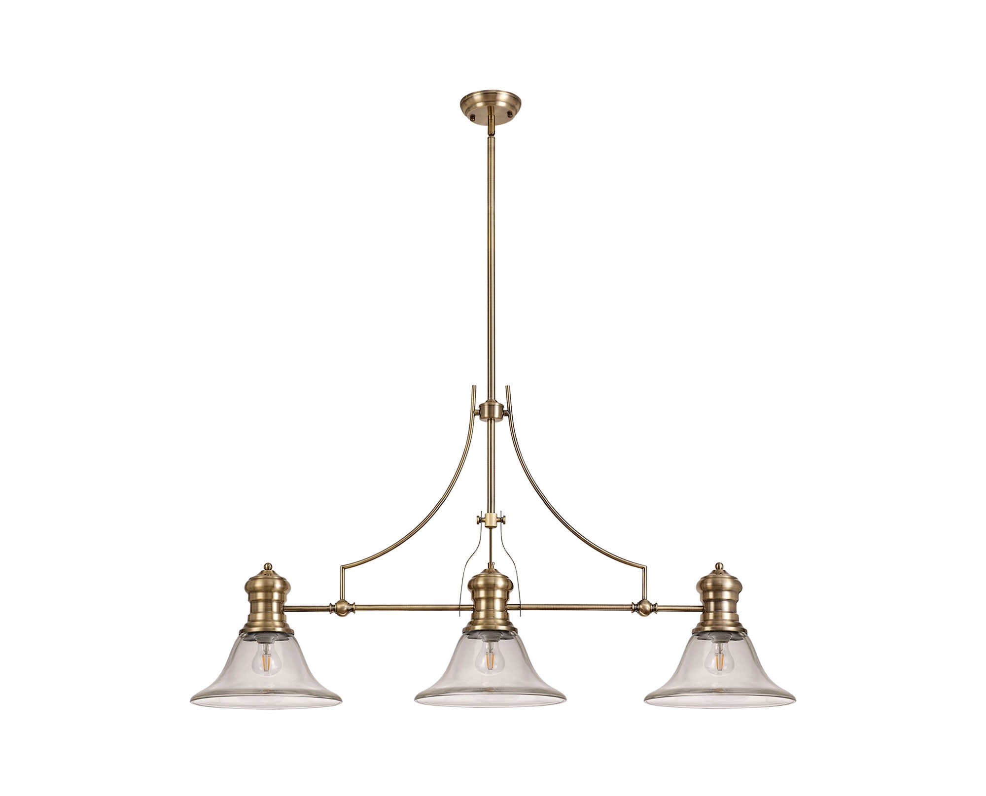 Docker 3 Light Linear Pendant E27 With 30cm Smooth Bell Glass Shade, Antique Brass, Clear