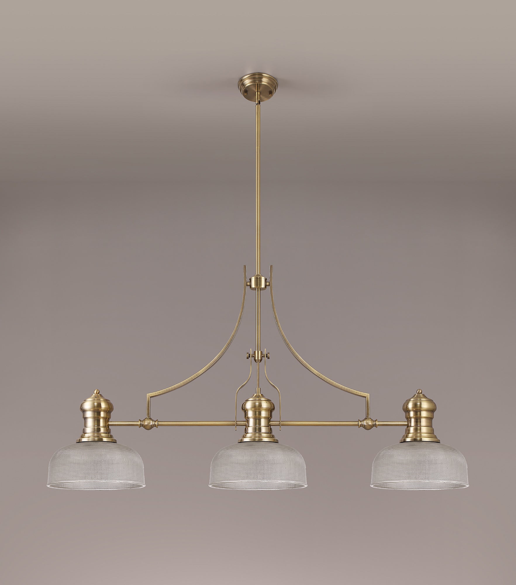 Docker 3 Light Linear Pendant E27 With 26.5cm Prismatic Glass Shade, Antique Brass, Clear