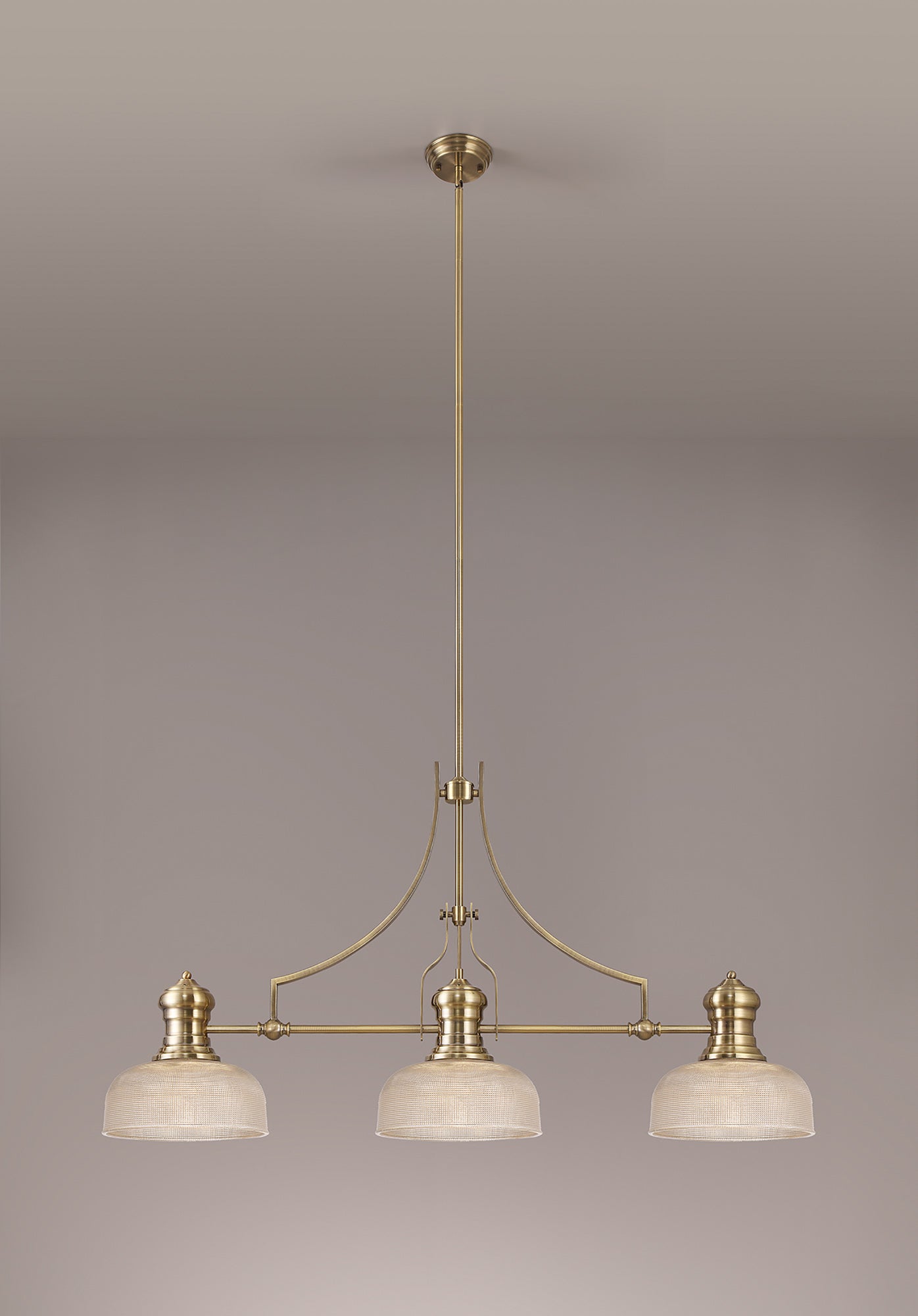 Docker 3 Light Linear Pendant E27 With 26.5cm Prismatic Glass Shade, Antique Brass, Clear