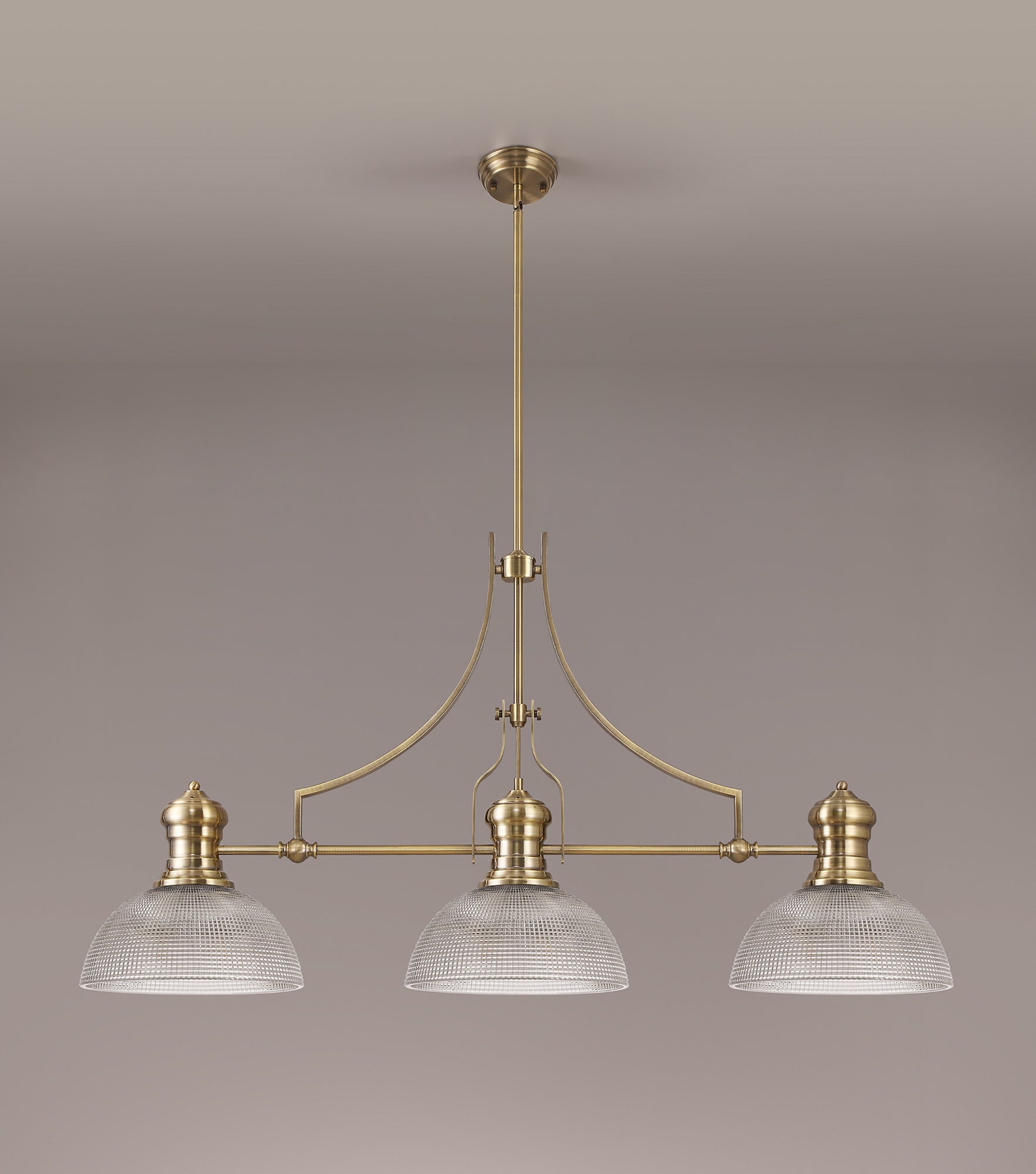 Docker 3 Light Linear Pendant E27 With 30cm Prismatic Glass Shade, Antique Brass, Clear