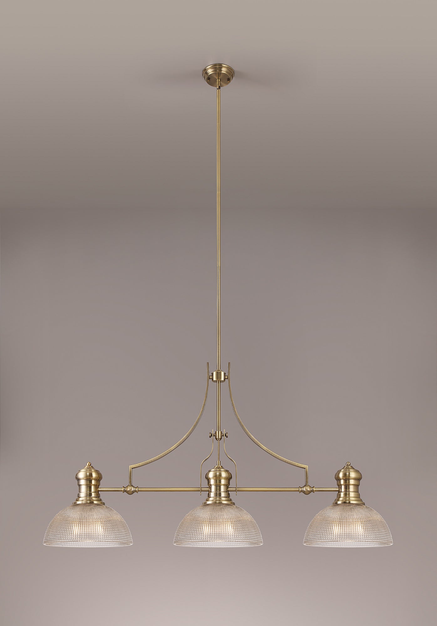 Docker 3 Light Linear Pendant E27 With 30cm Prismatic Glass Shade, Antique Brass, Clear