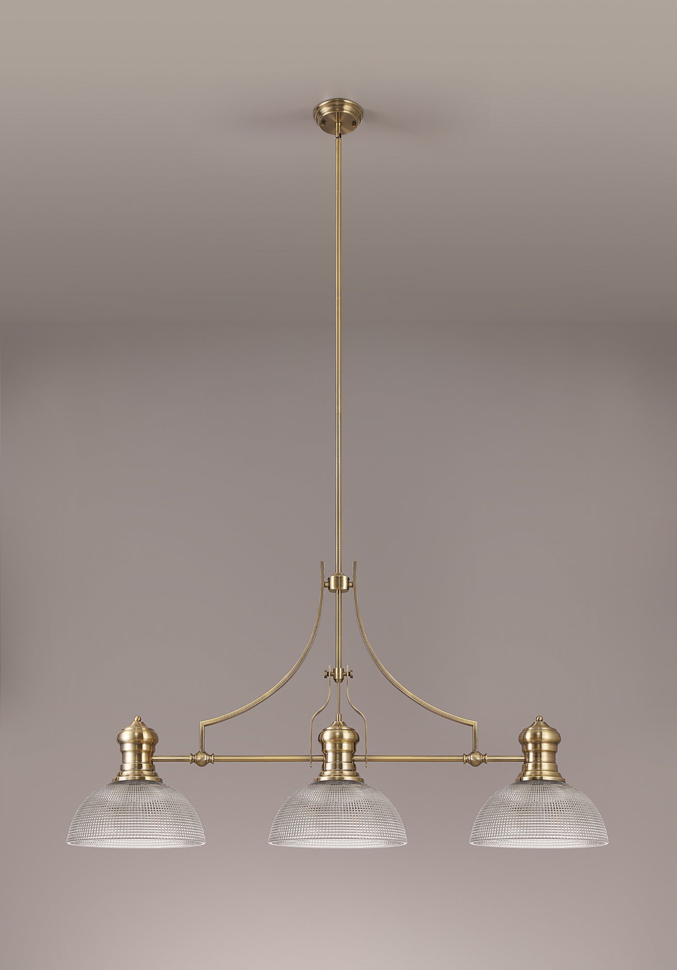 Docker 3 Light Linear Pendant E27 With 30cm Prismatic Glass Shade, Antique Brass, Clear