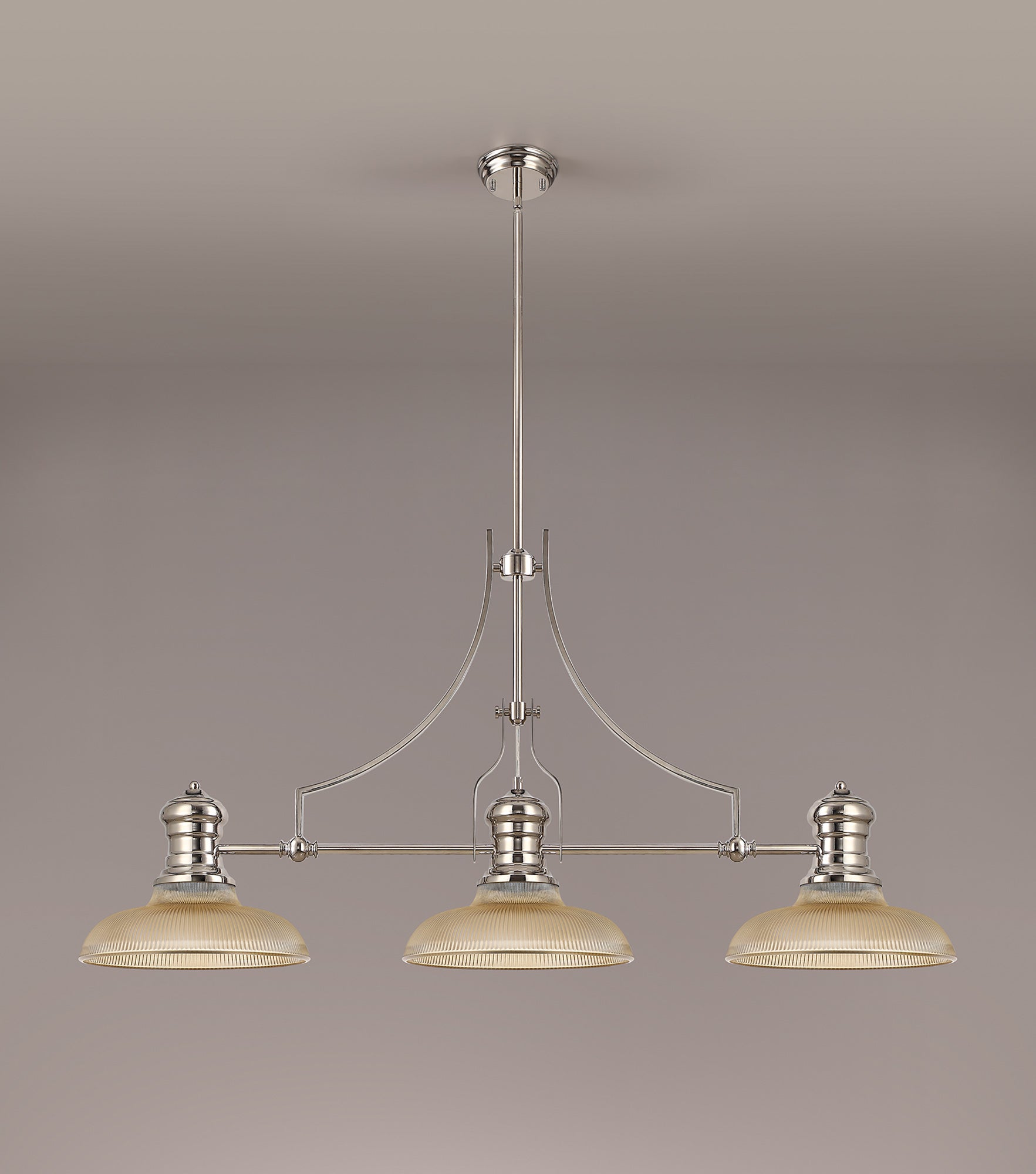 Docker 3 Light Linear Pendant E27 With 30cm Round Glass Shade, Polished Nickel, Amber