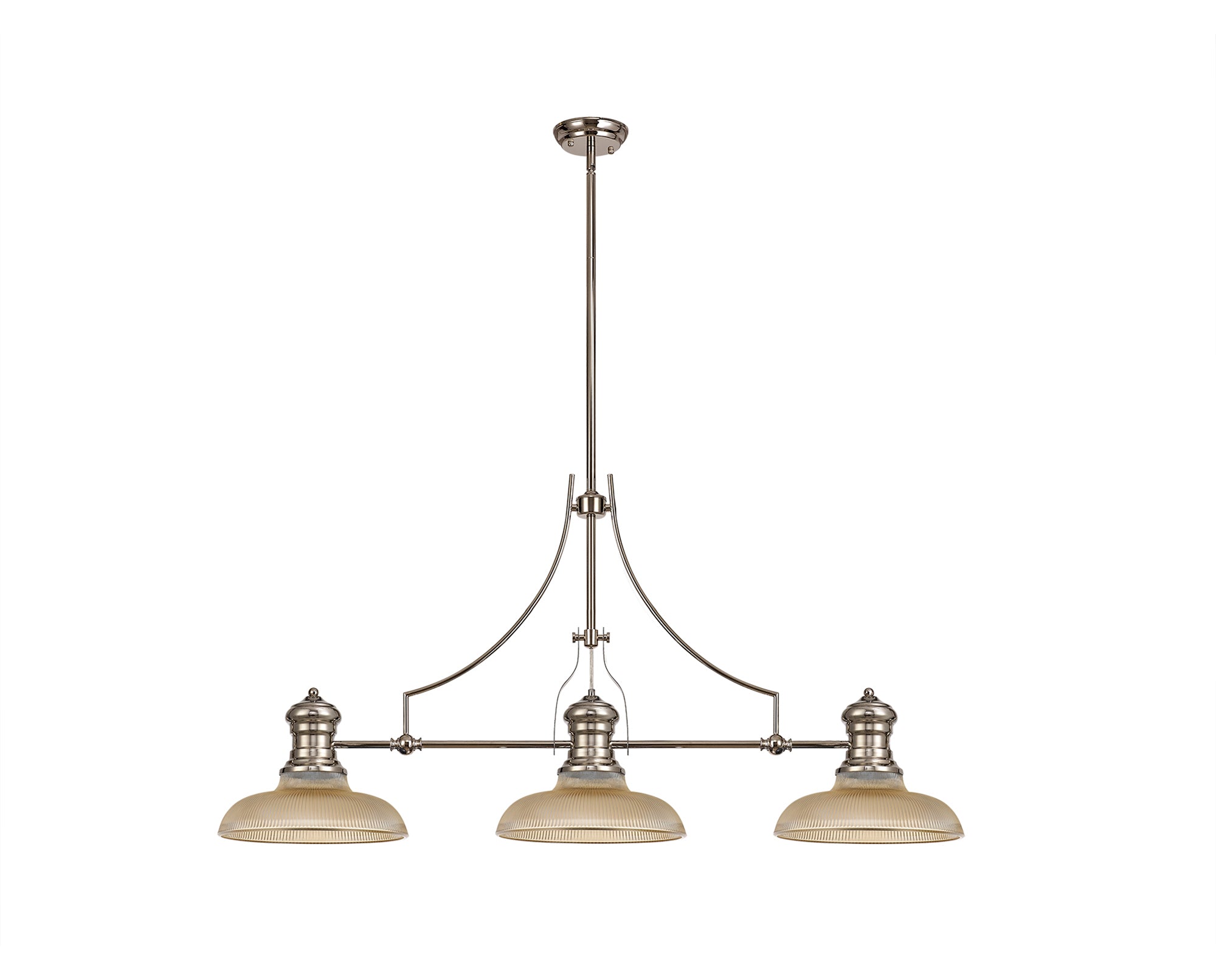Docker 3 Light Linear Pendant E27 With 30cm Round Glass Shade, Polished Nickel, Amber